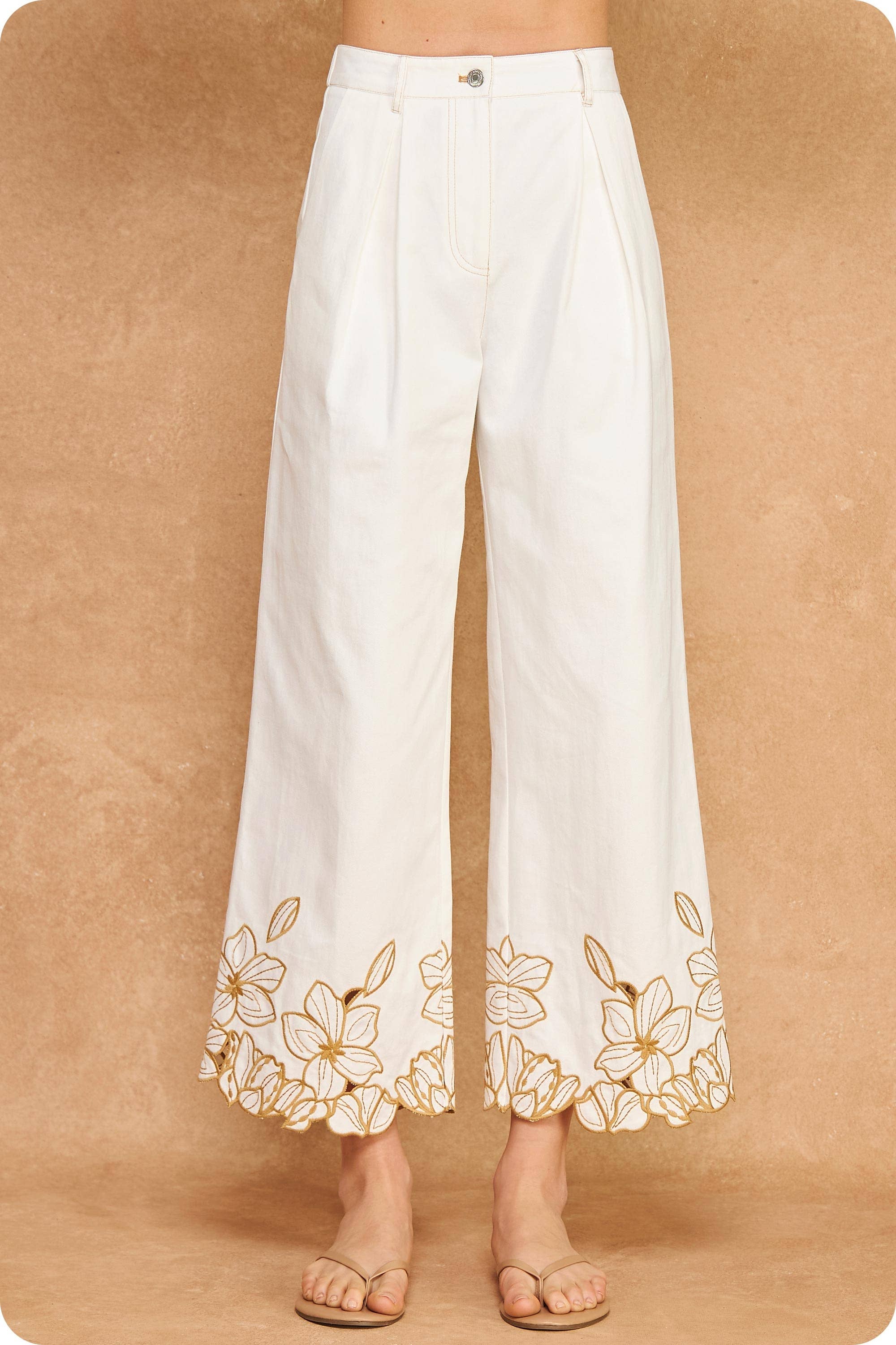 Floral Cut-Out Embroidery Twill Pants