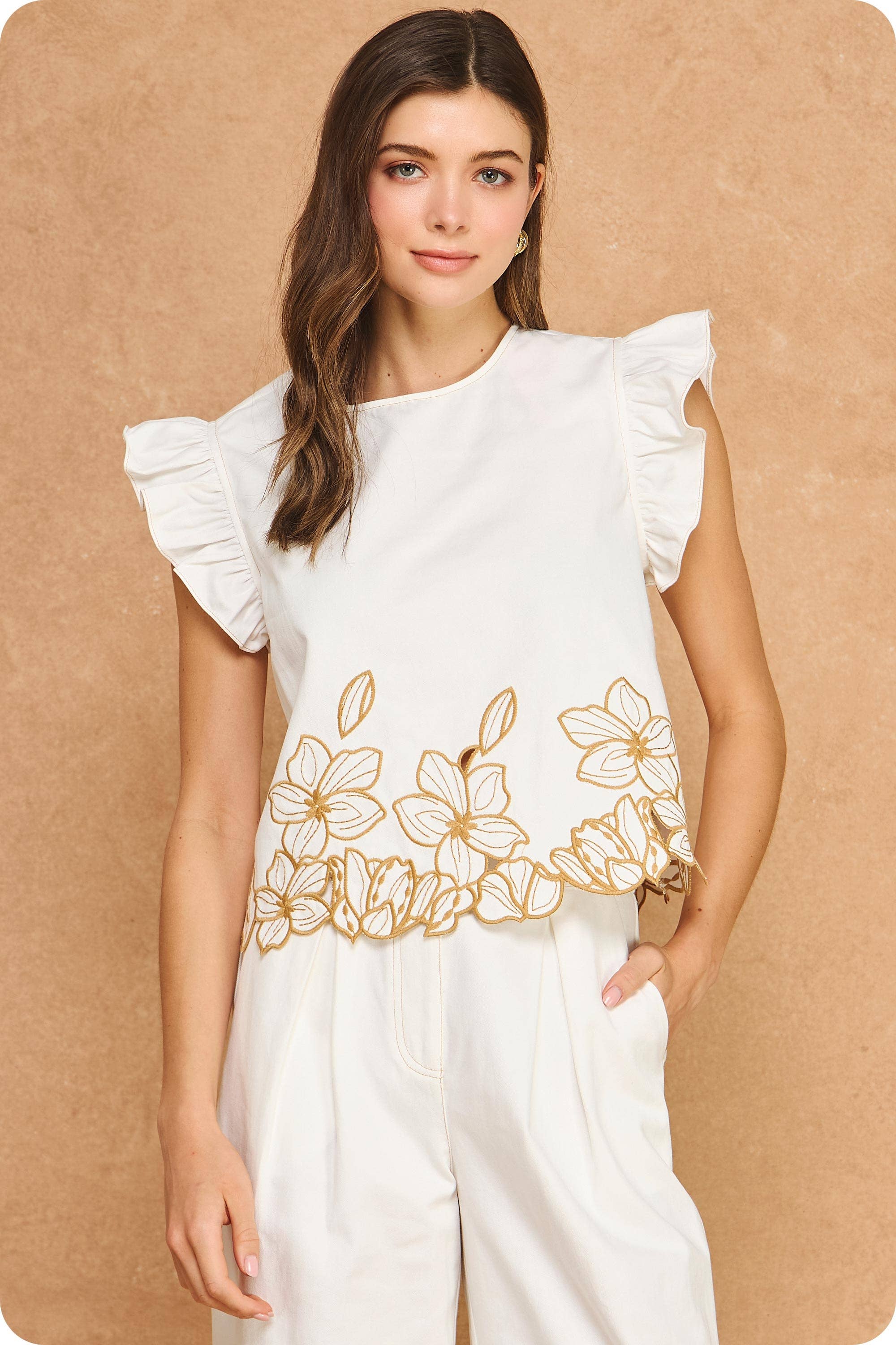 Floral Cut-Out Embroidery Twill Ruffle Top