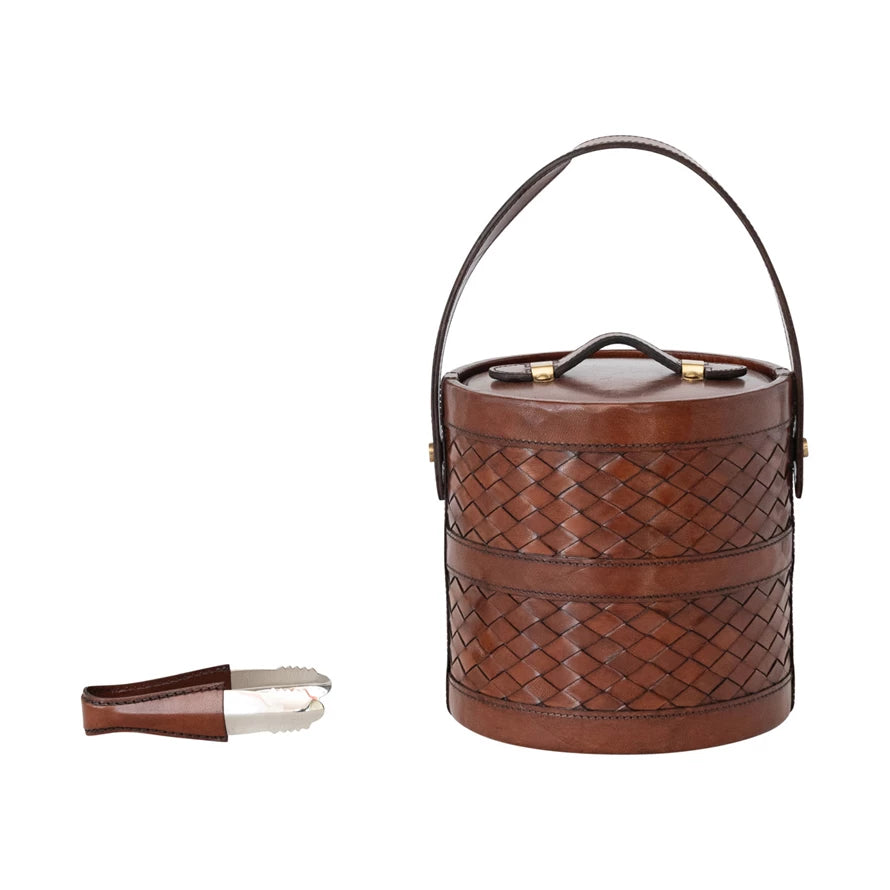 Woven Leather Ice Bucket and Tong