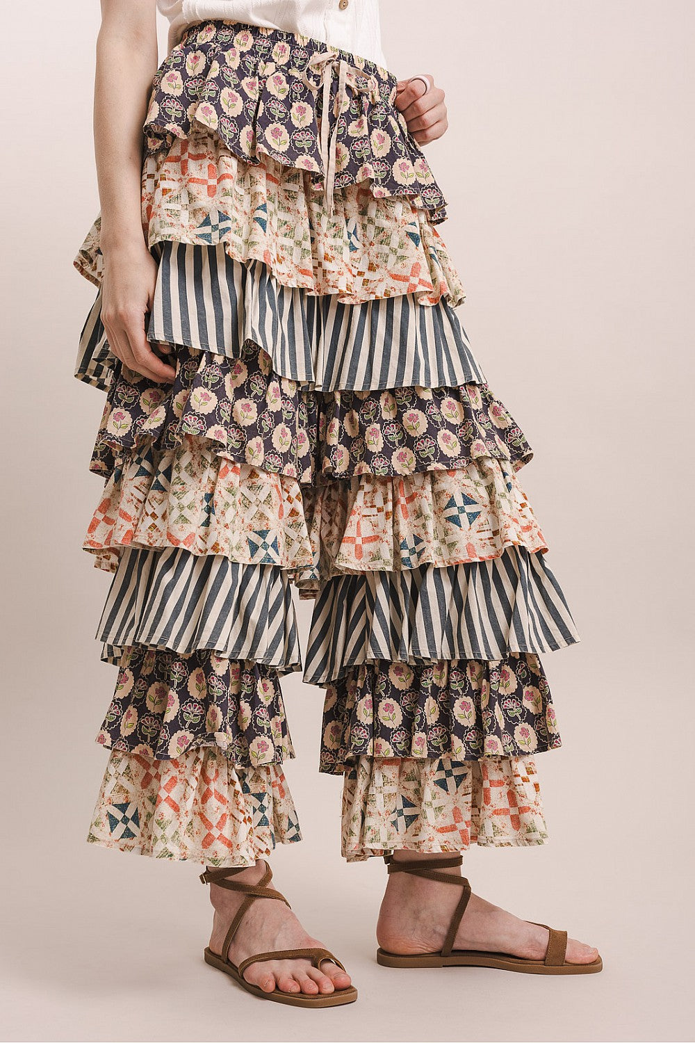Multi Print Tiered Ruffle Pants