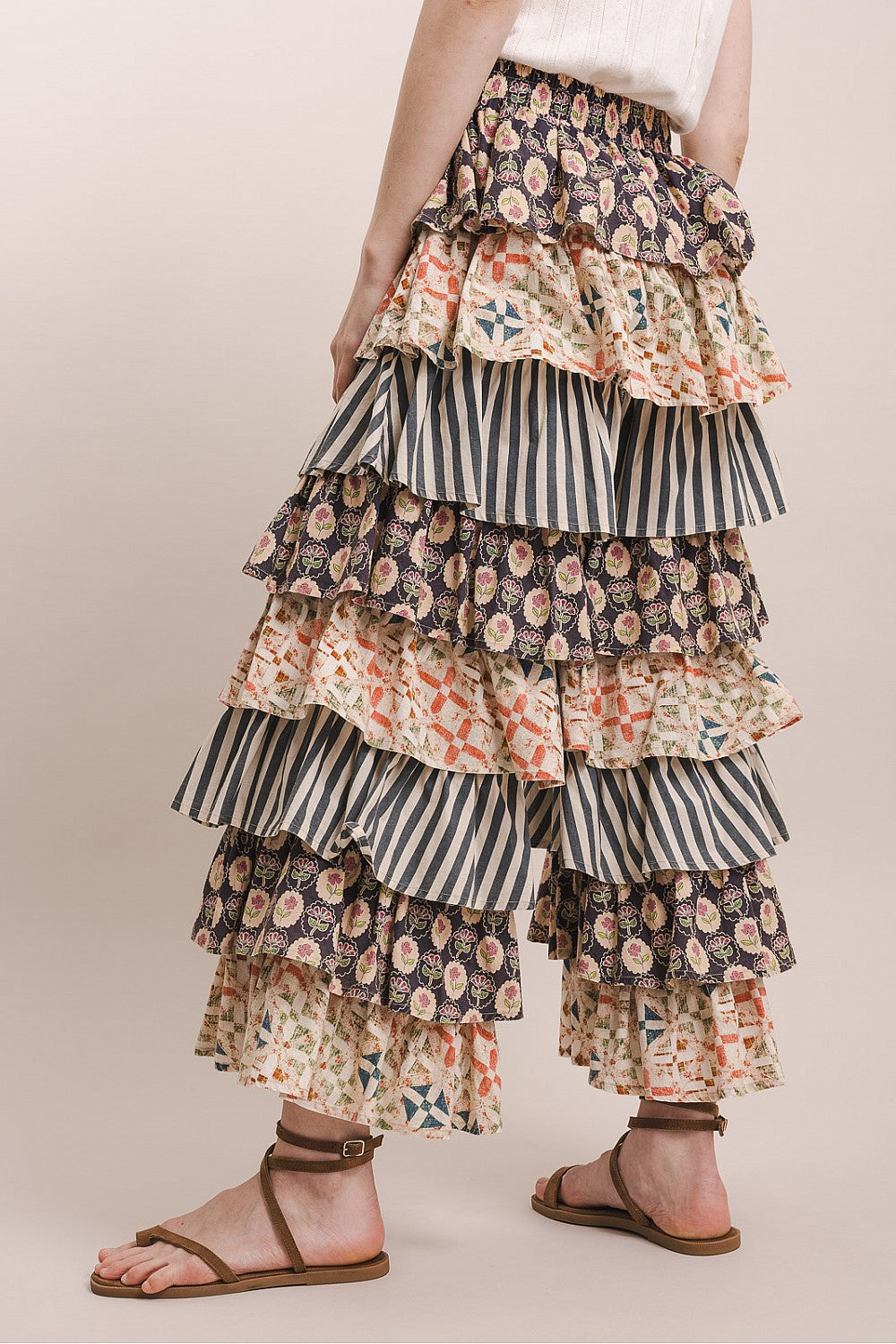 Multi Print Tiered Ruffle Pants