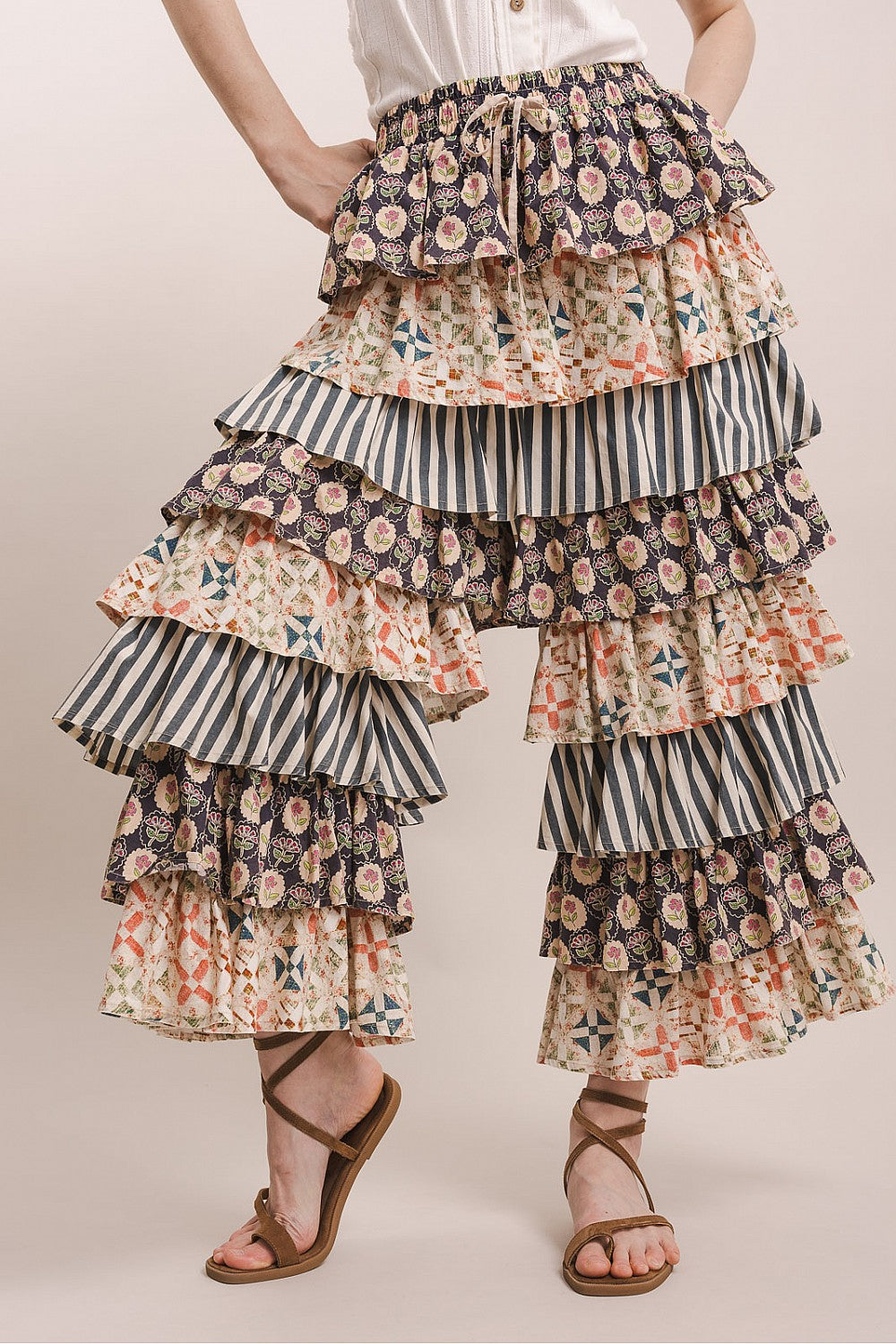 Multi Print Tiered Ruffle Pants
