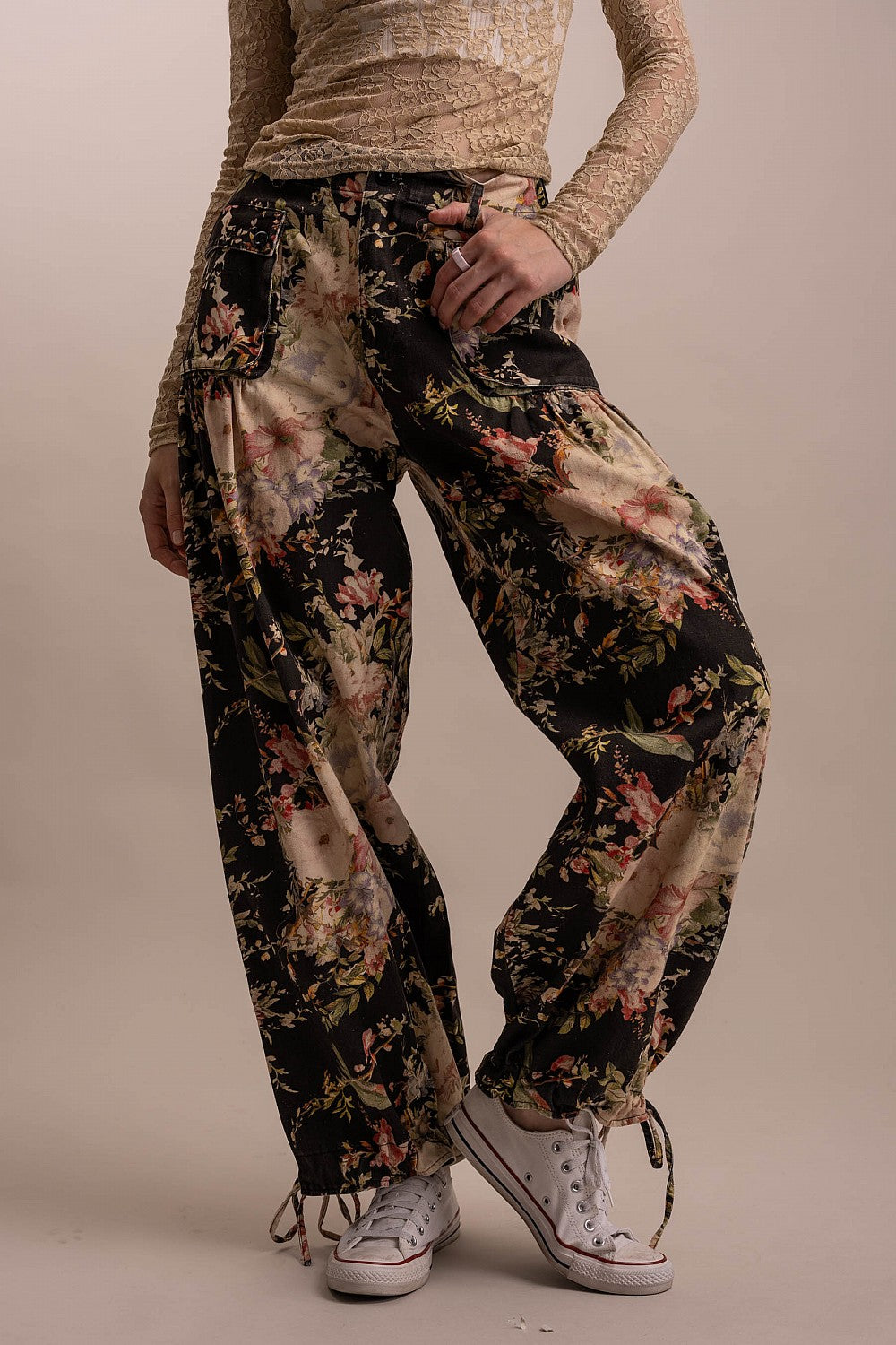 Black Floral Print Adjustable Hem Pants