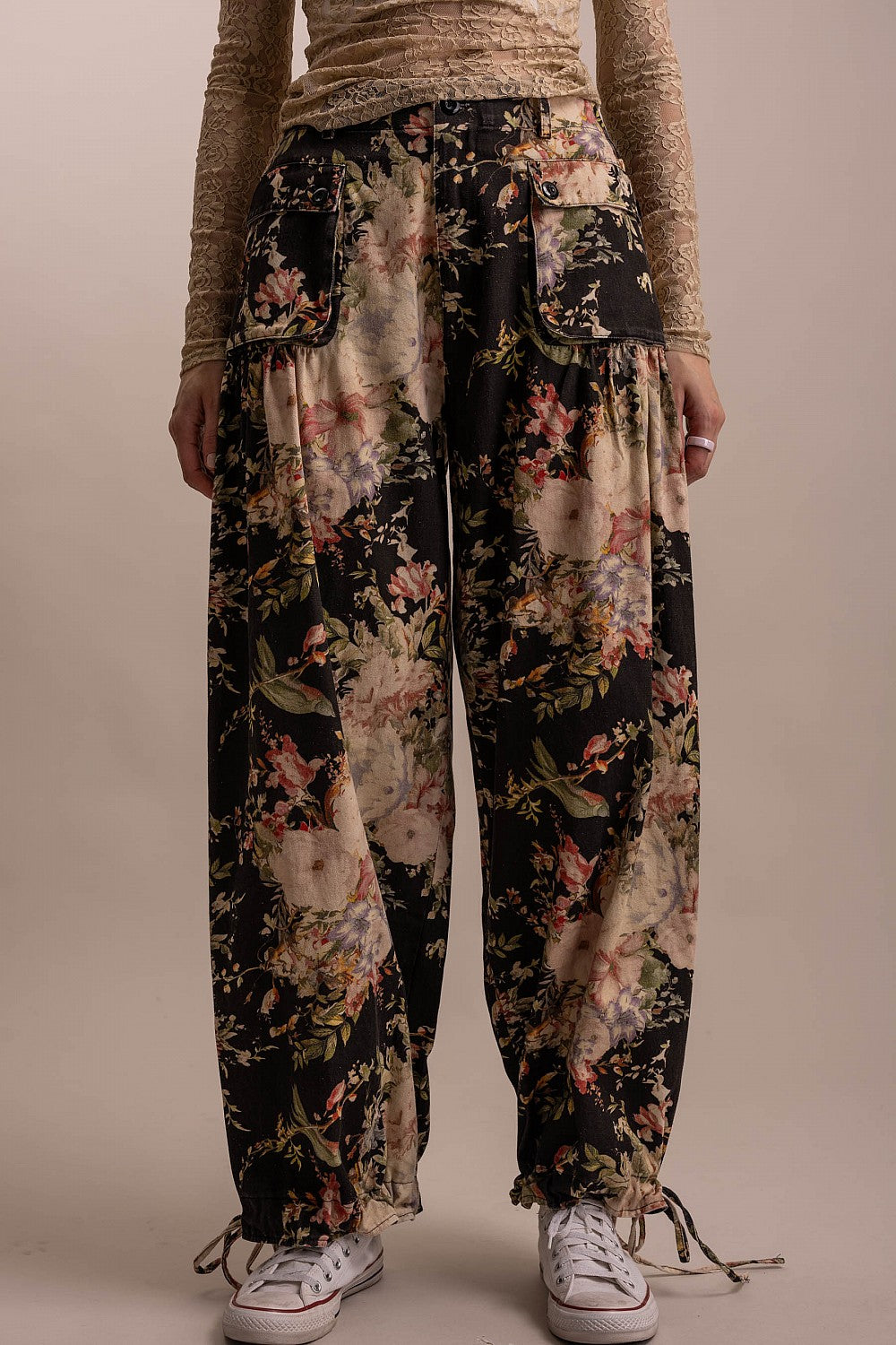 Black Floral Print Adjustable Hem Pants