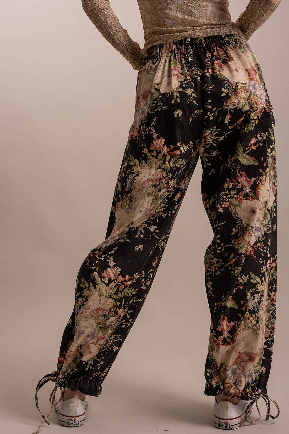 Black Floral Print Adjustable Hem Pants