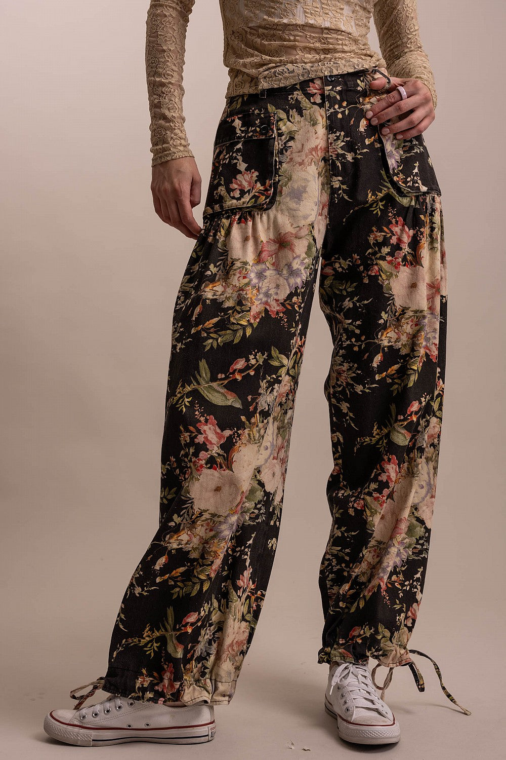 Black Floral Print Adjustable Hem Pants