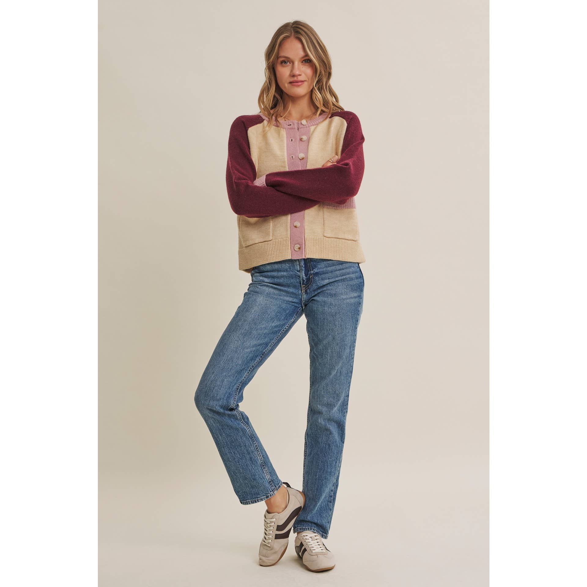 Colorblock Wool Blend Crewneck Cardigan