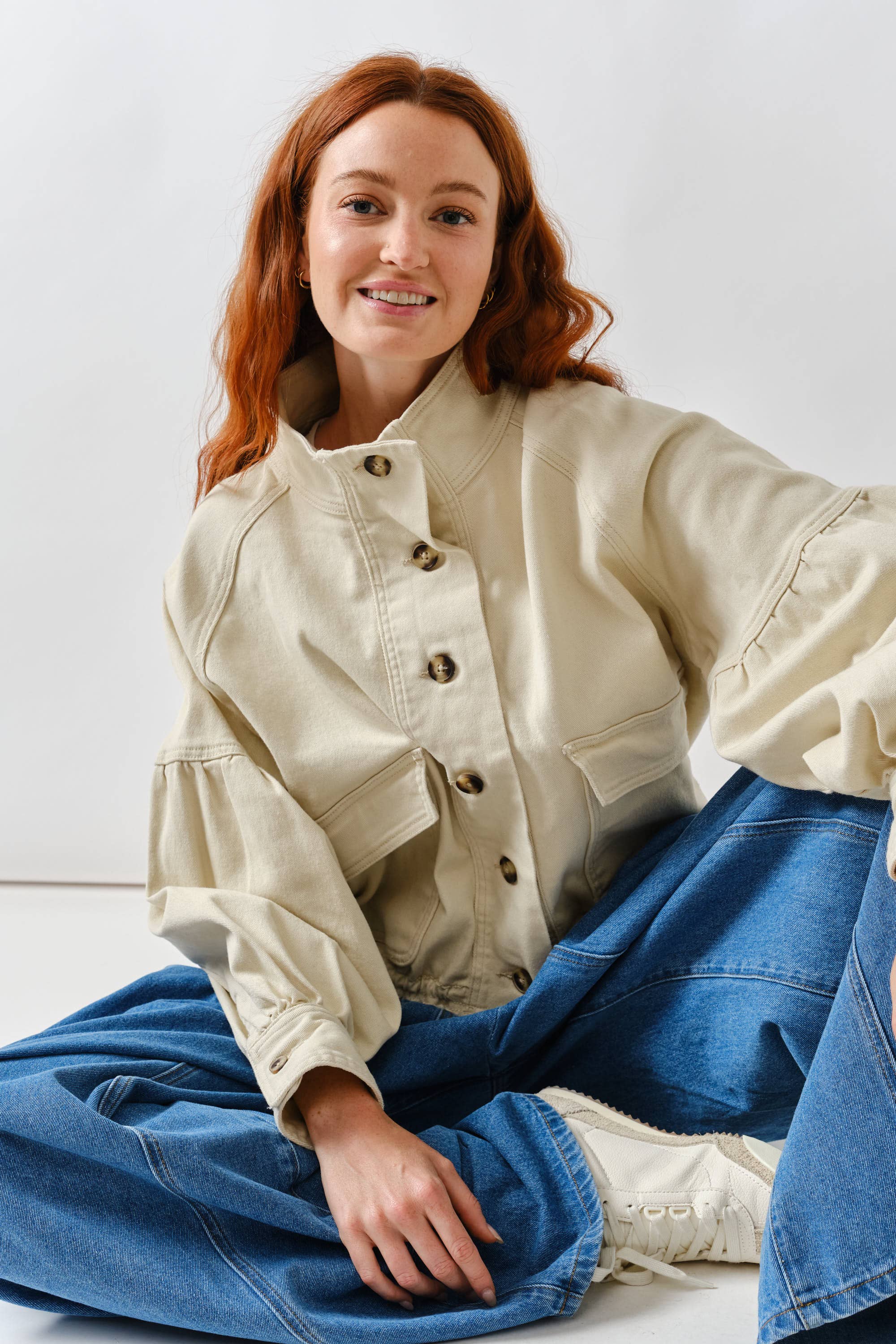 Ballon Sleeve Twill Jacket Drawstring Waist