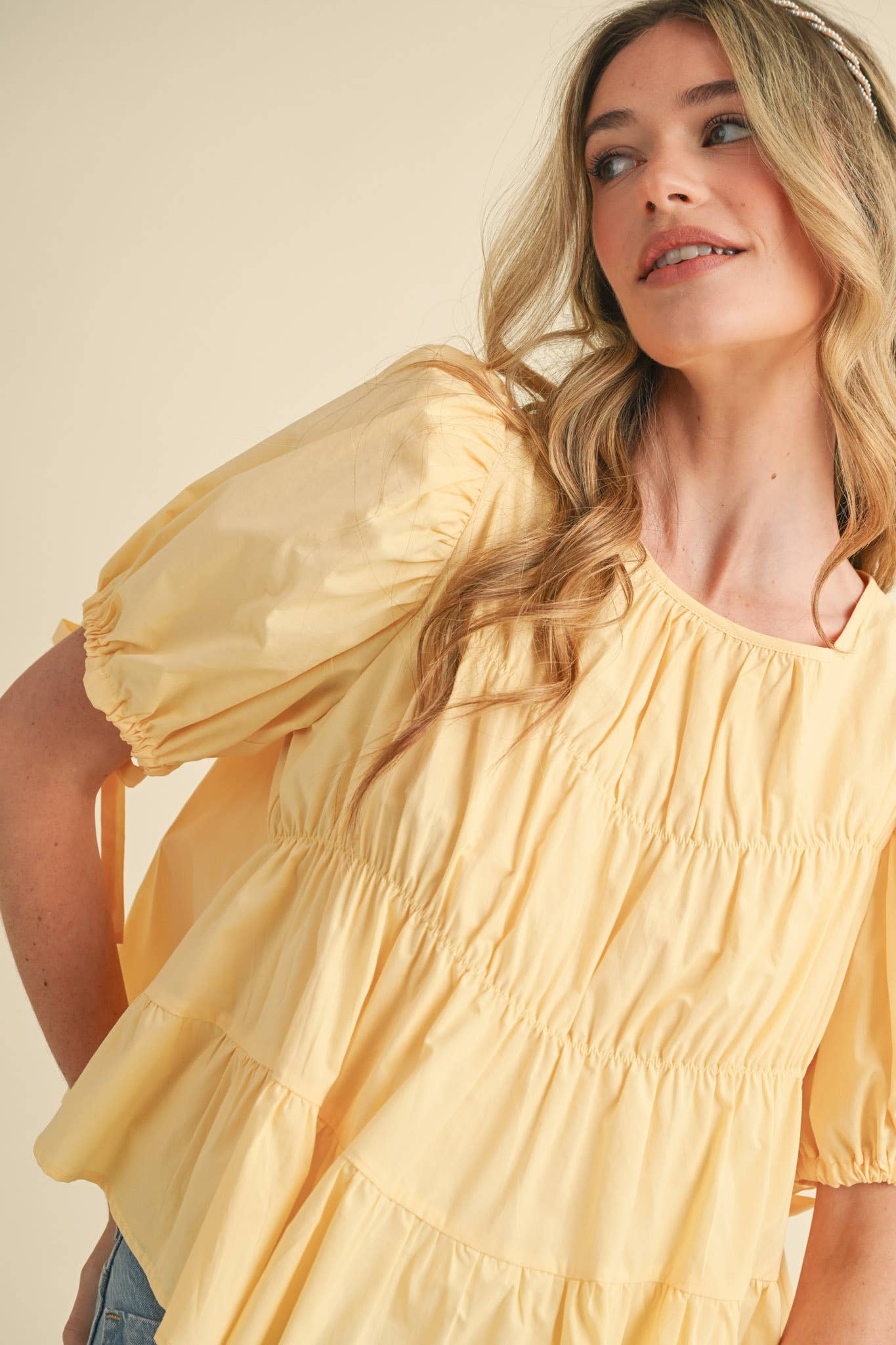 Tiered Shirring Puff Sleeve Top