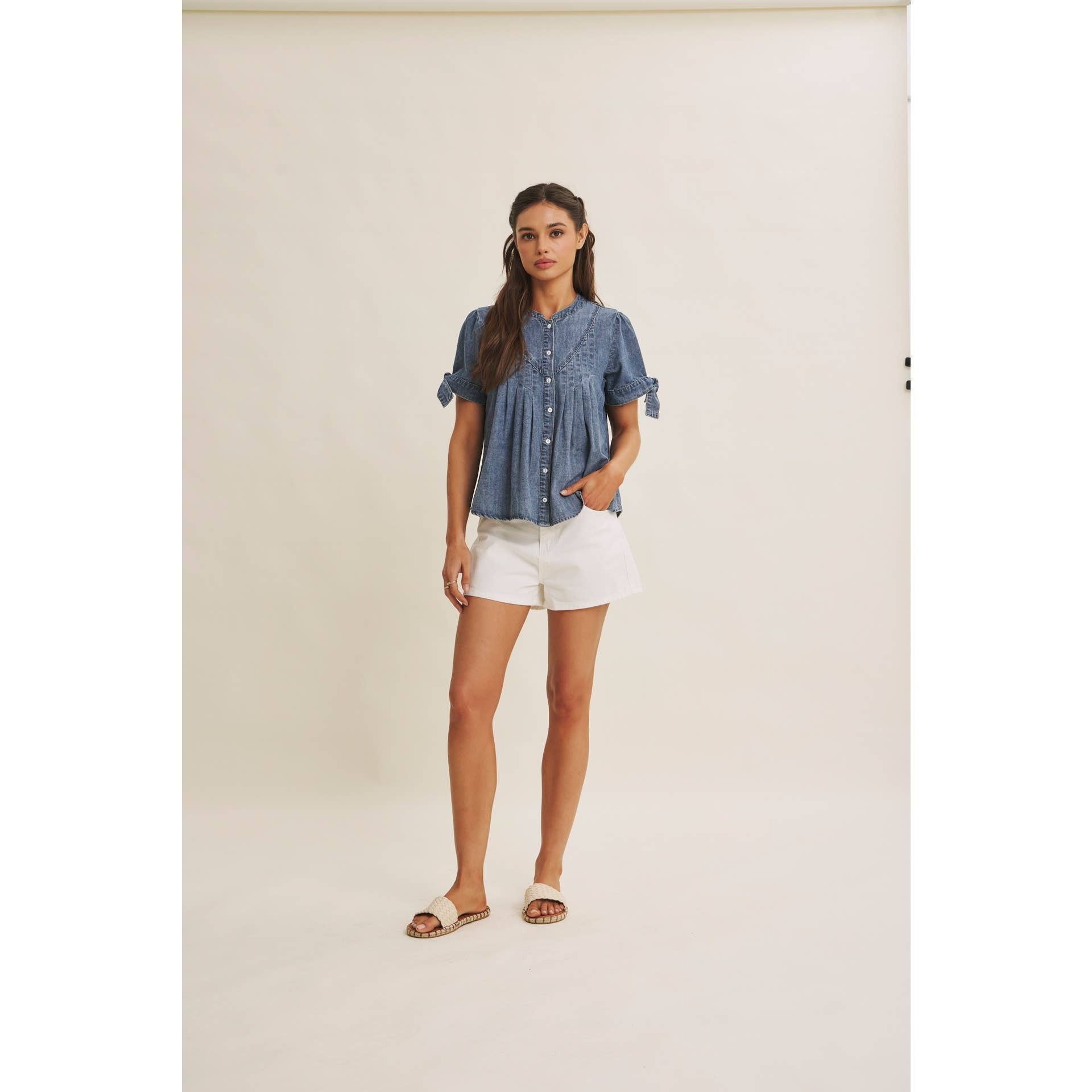Mineral-Washed Denim Pintuck Shirt