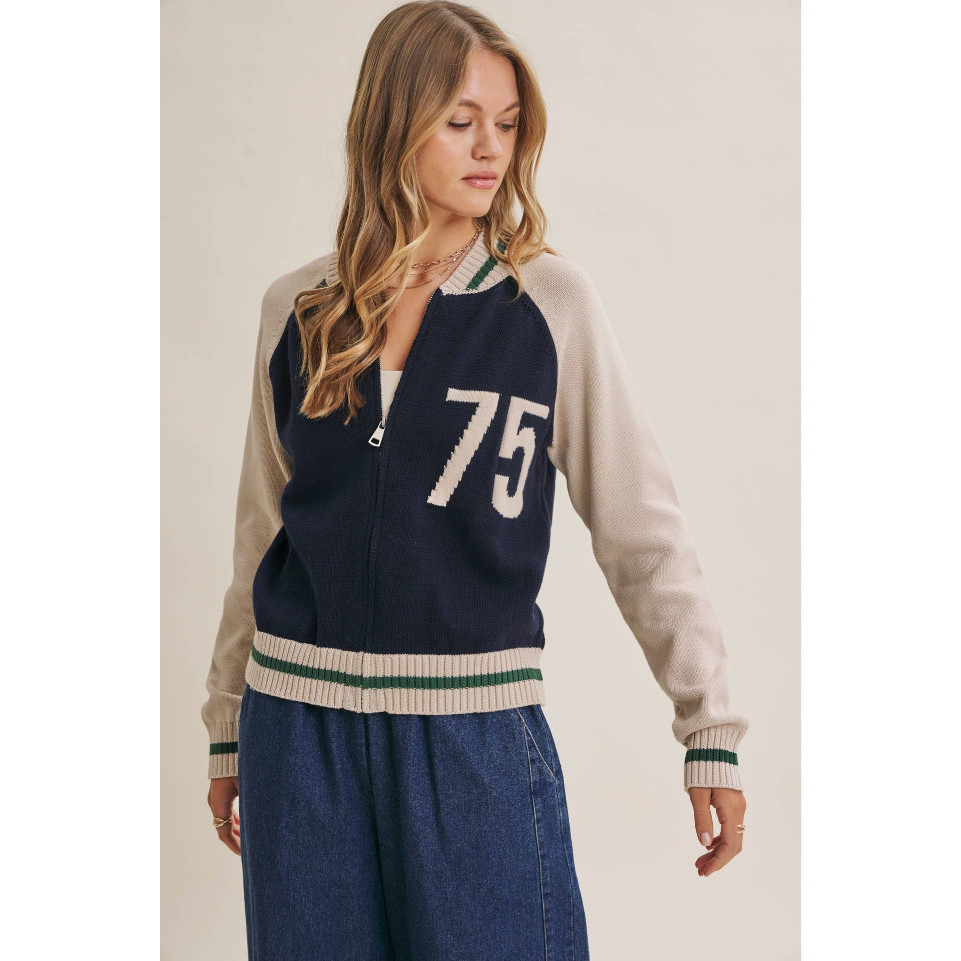 Varsity Collegiate Zip Front Cotton Sweater Bomber Jacket