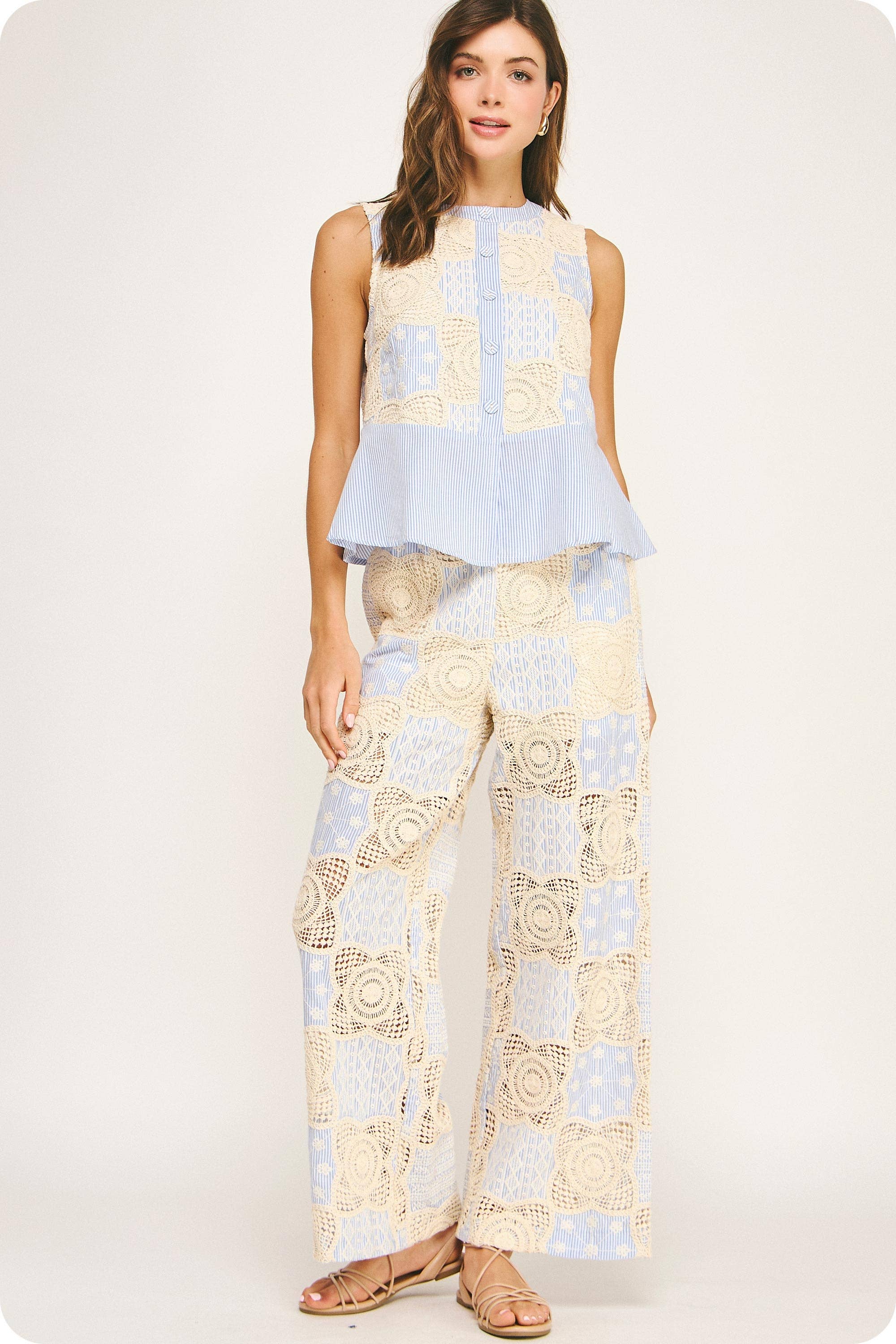 Crochet Striped Pleated Detail Wide-Leg Pants