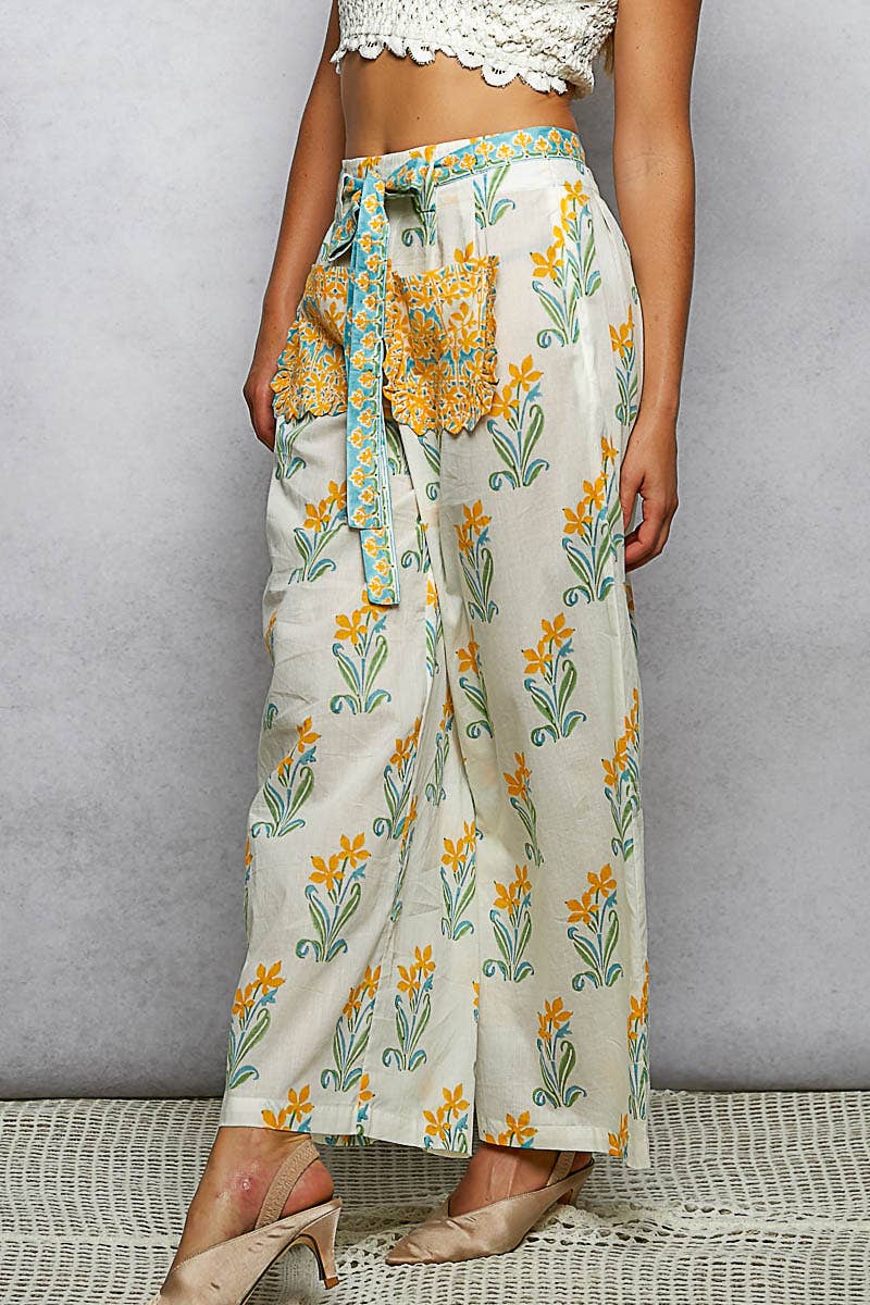 Block Print Belted Wide Pants