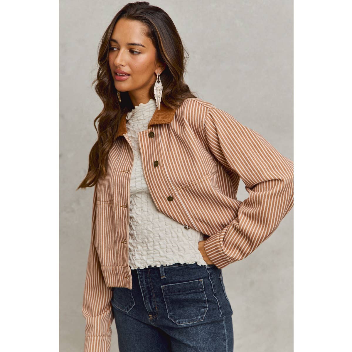 Stripe Twill Button Down Corduroy Collar Jacket