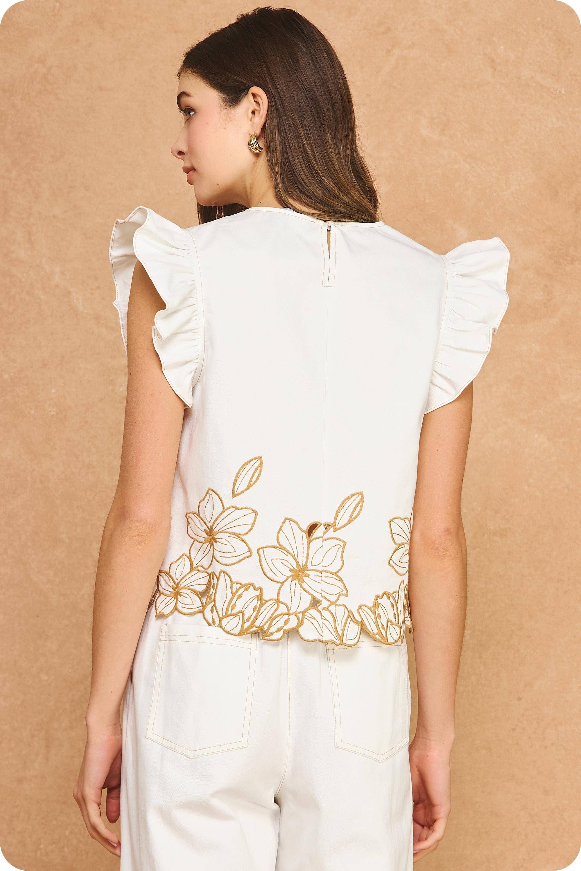 Floral Cut-Out Embroidery Twill Ruffle Top