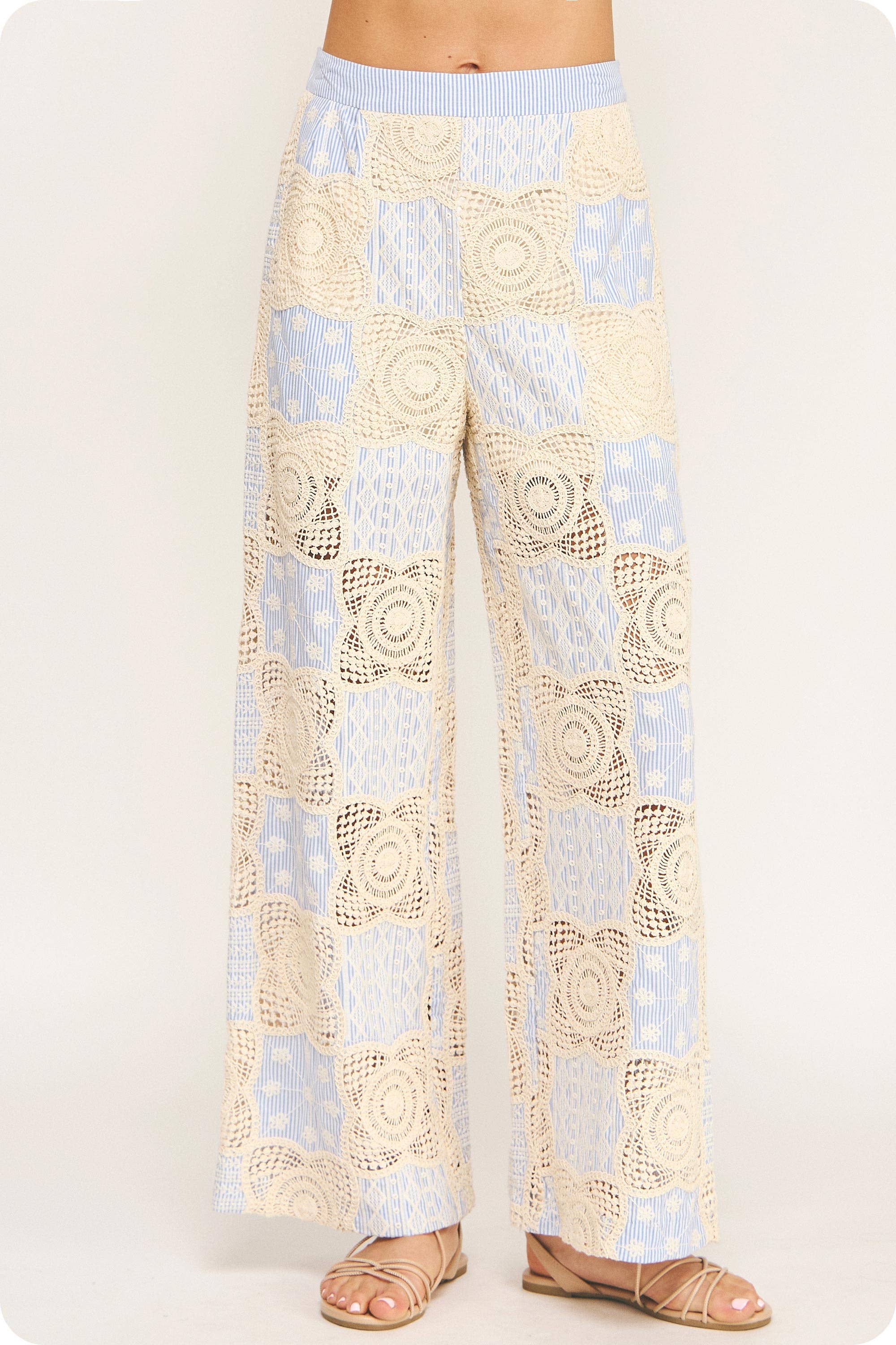 Crochet Striped Pleated Detail Wide-Leg Pants