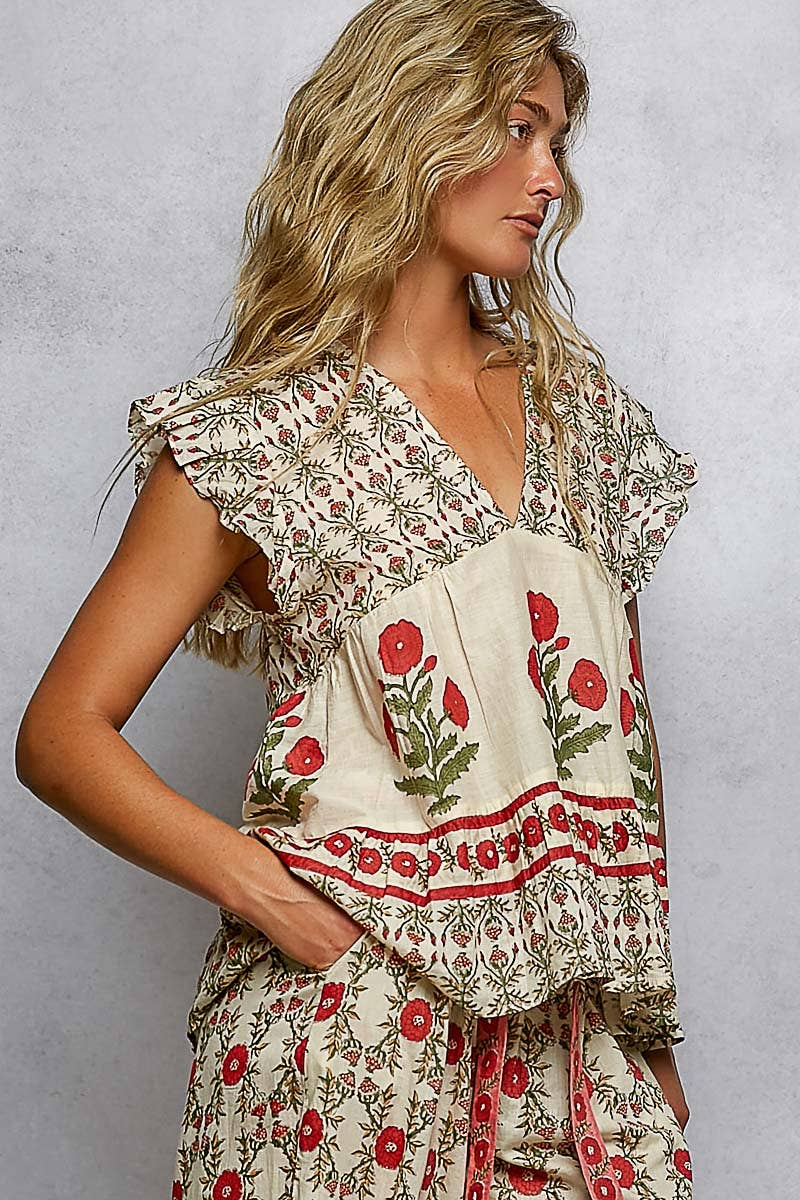 Floral Pattern Ruffle Sleeve Top