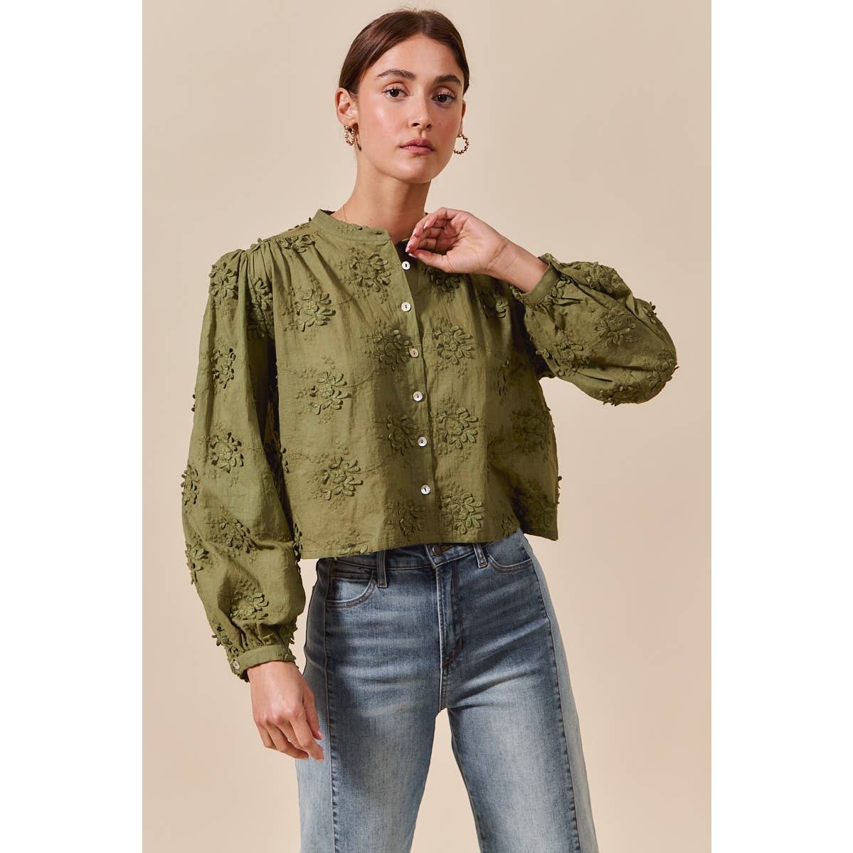 Cropped Floral Long Sleeve Button Front Shirt