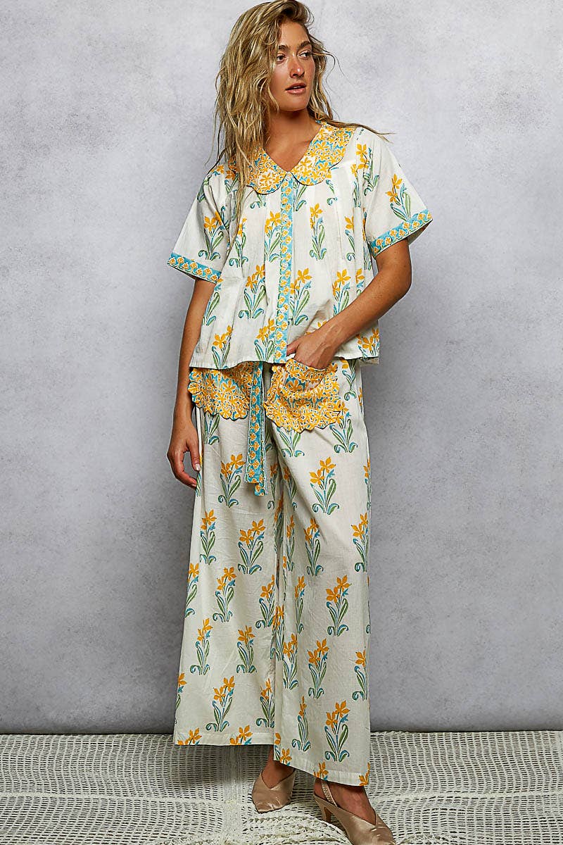 Block Print Belted Wide Pants