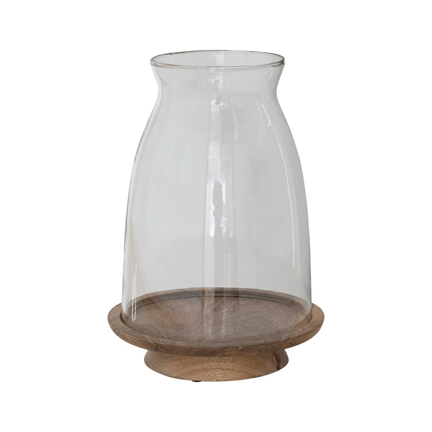 Glass Hurricane with Mango Wood Base