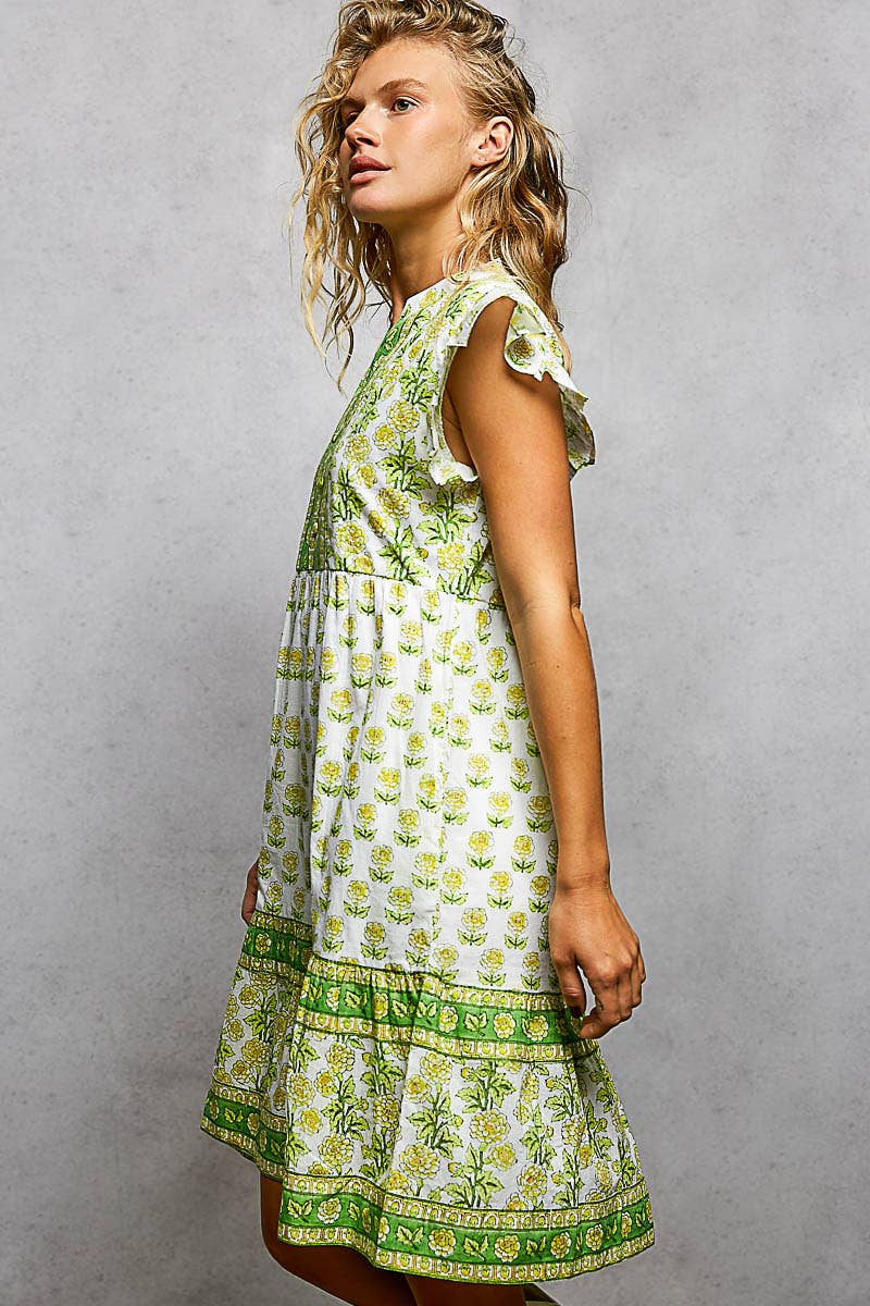 Block Print Print Ruffle Sleeve Midi Dress