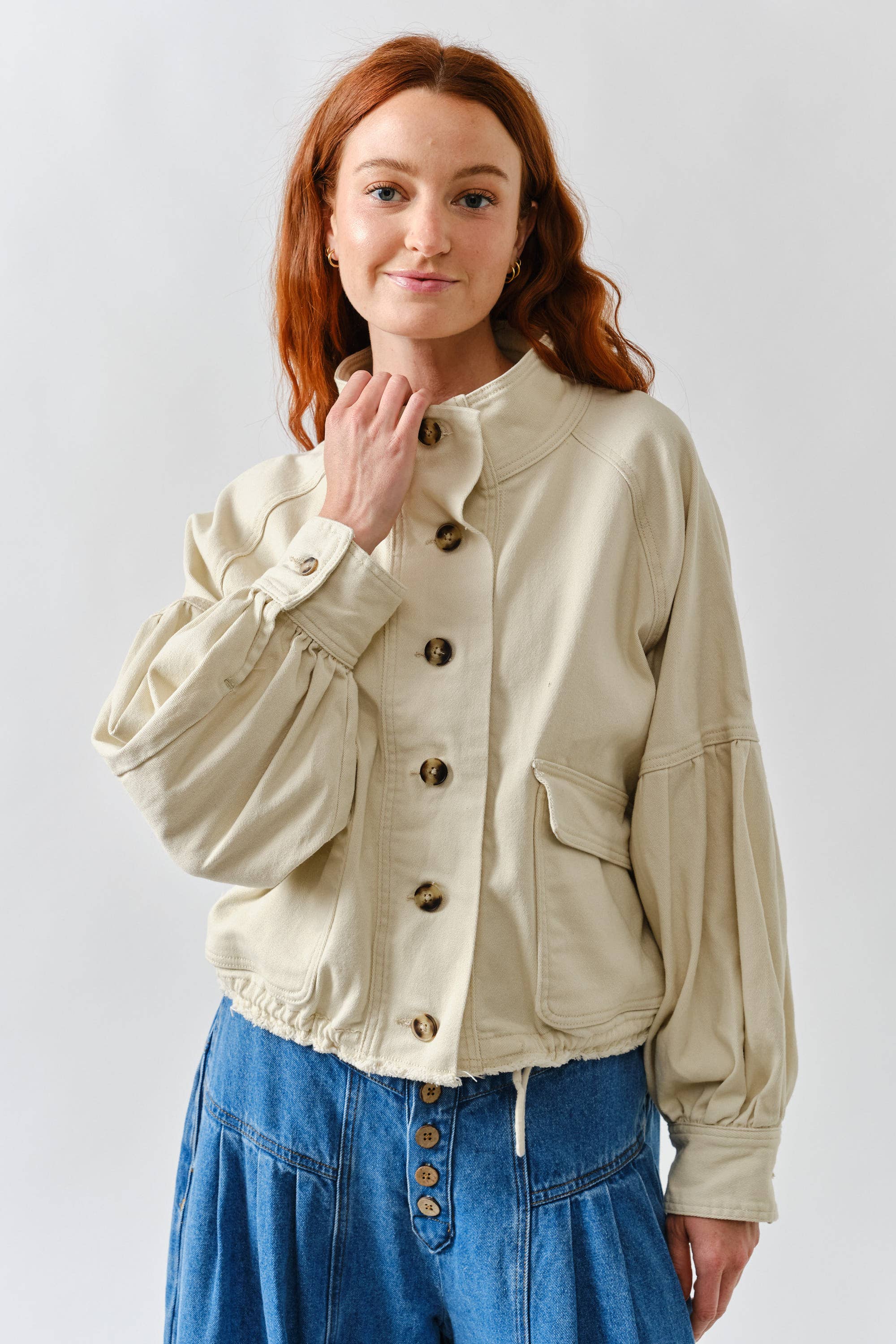 Ballon Sleeve Twill Jacket Drawstring Waist