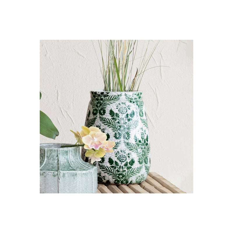 Green & White Crackle Floral Vase