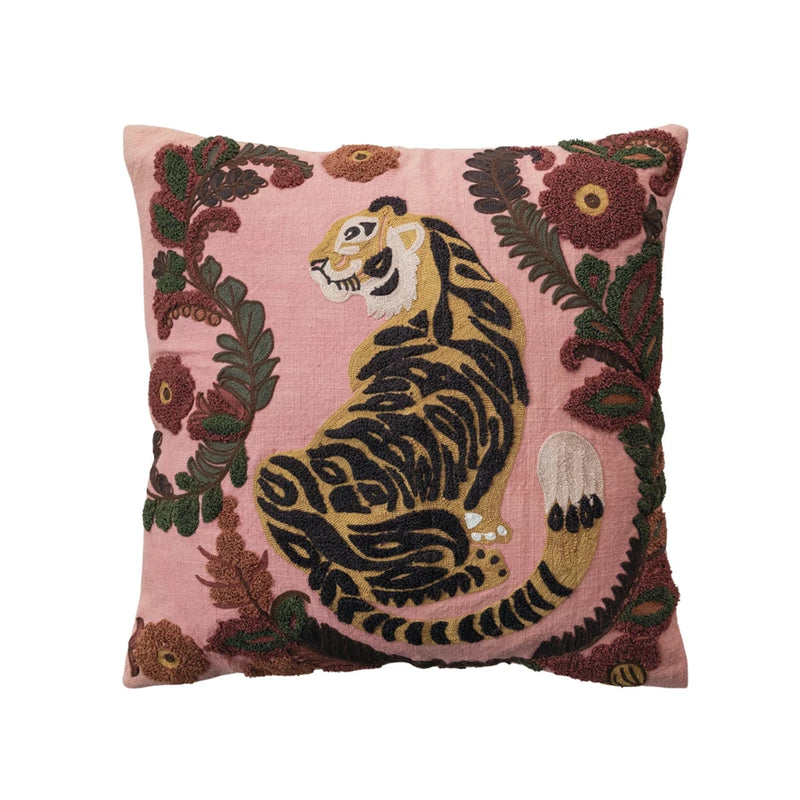 Embroidered Tiger Pink Pillow