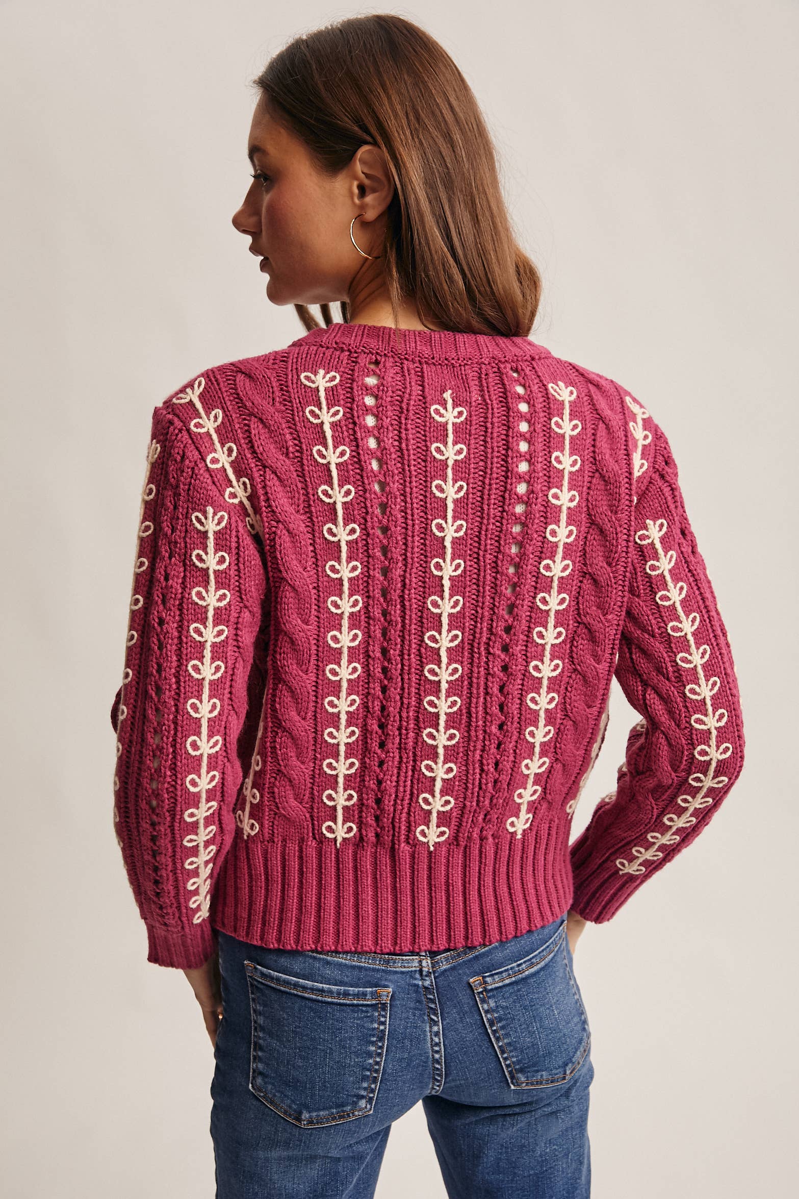 Embroidered Cable Knit Pullover