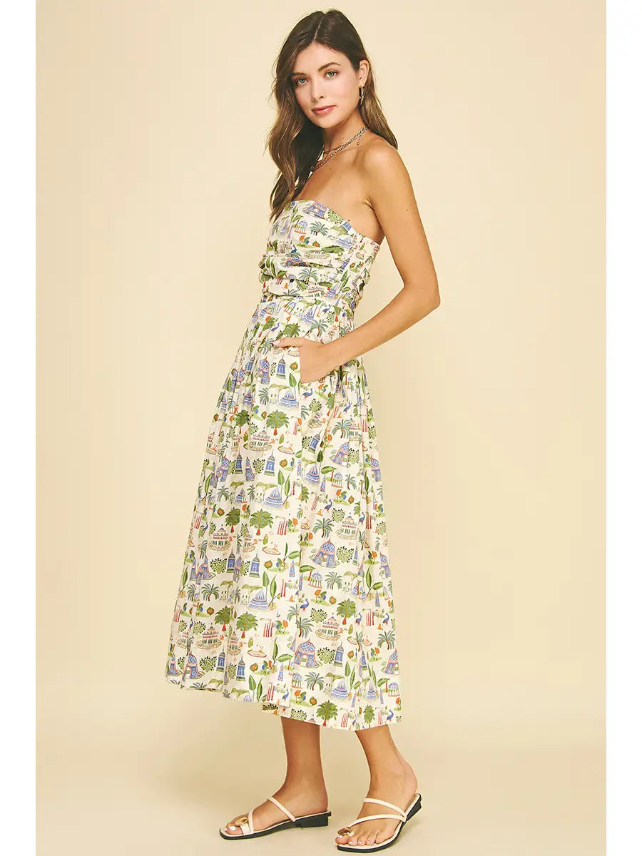 Taylor Tropical Print Midi Tube Dress
