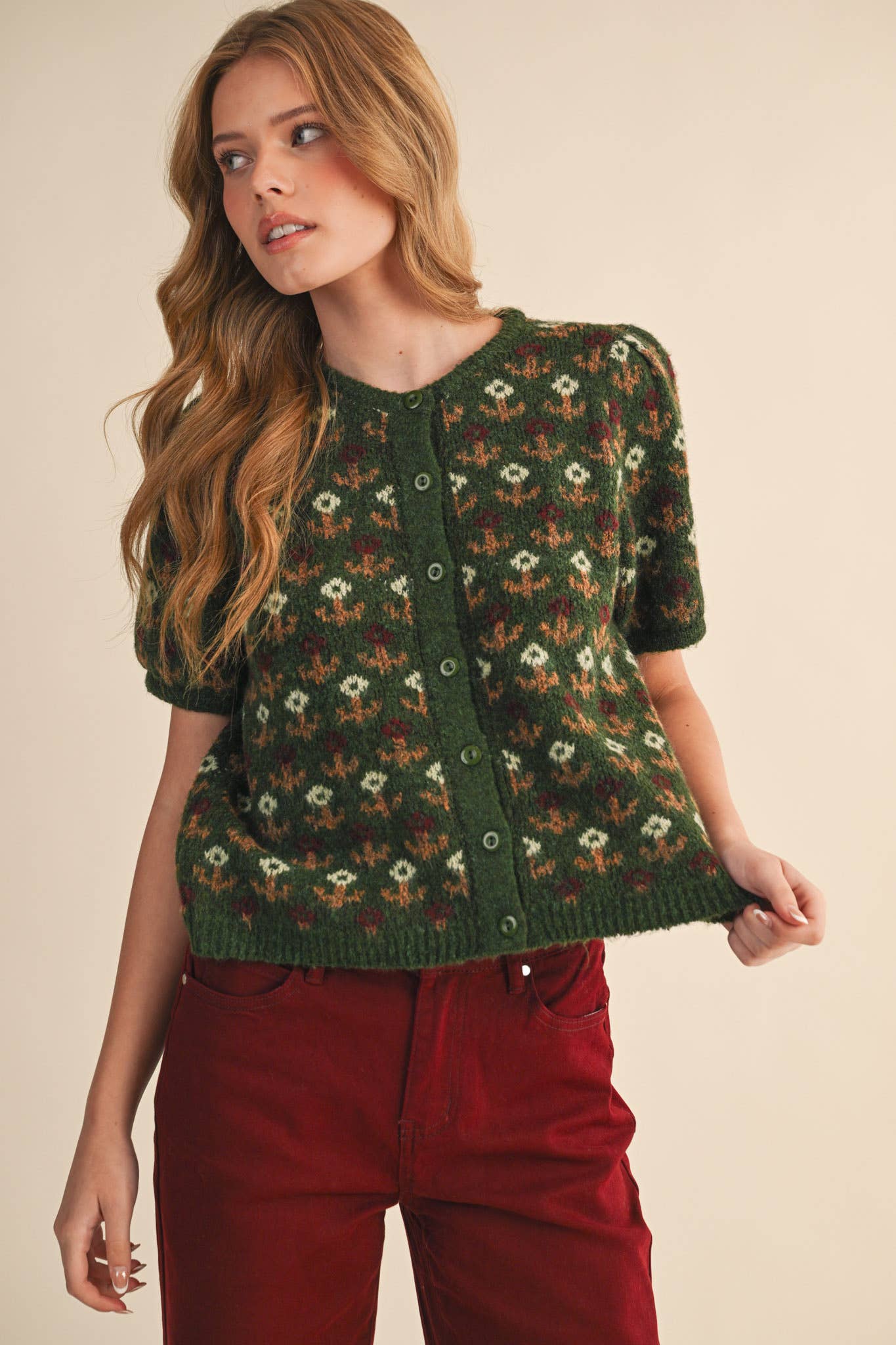 Floral Short Sleeve Sweater Cardigan