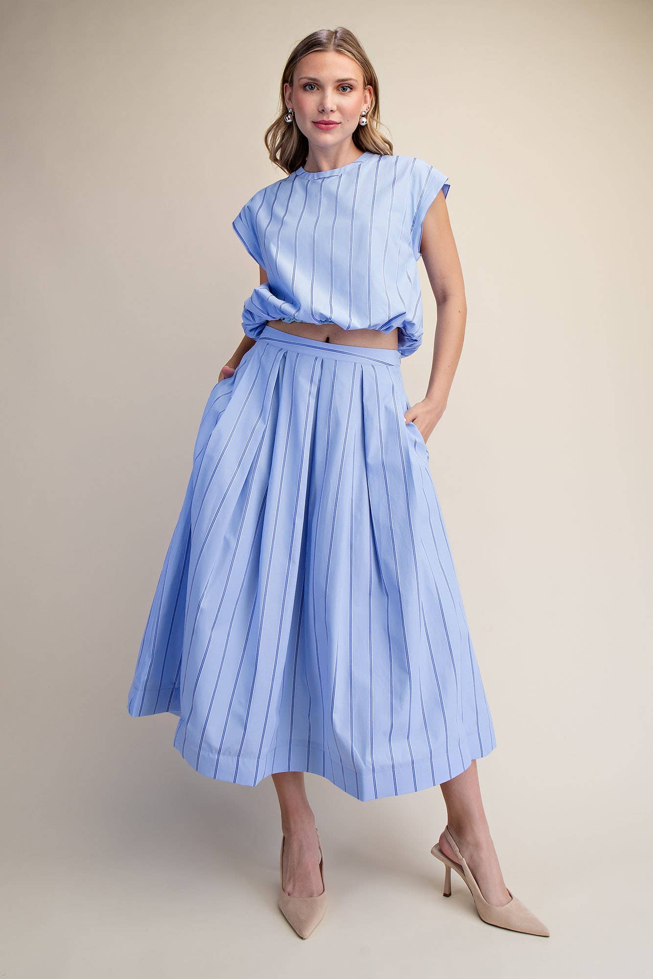 Round Neck Bubble Hem Stripe Crop Top