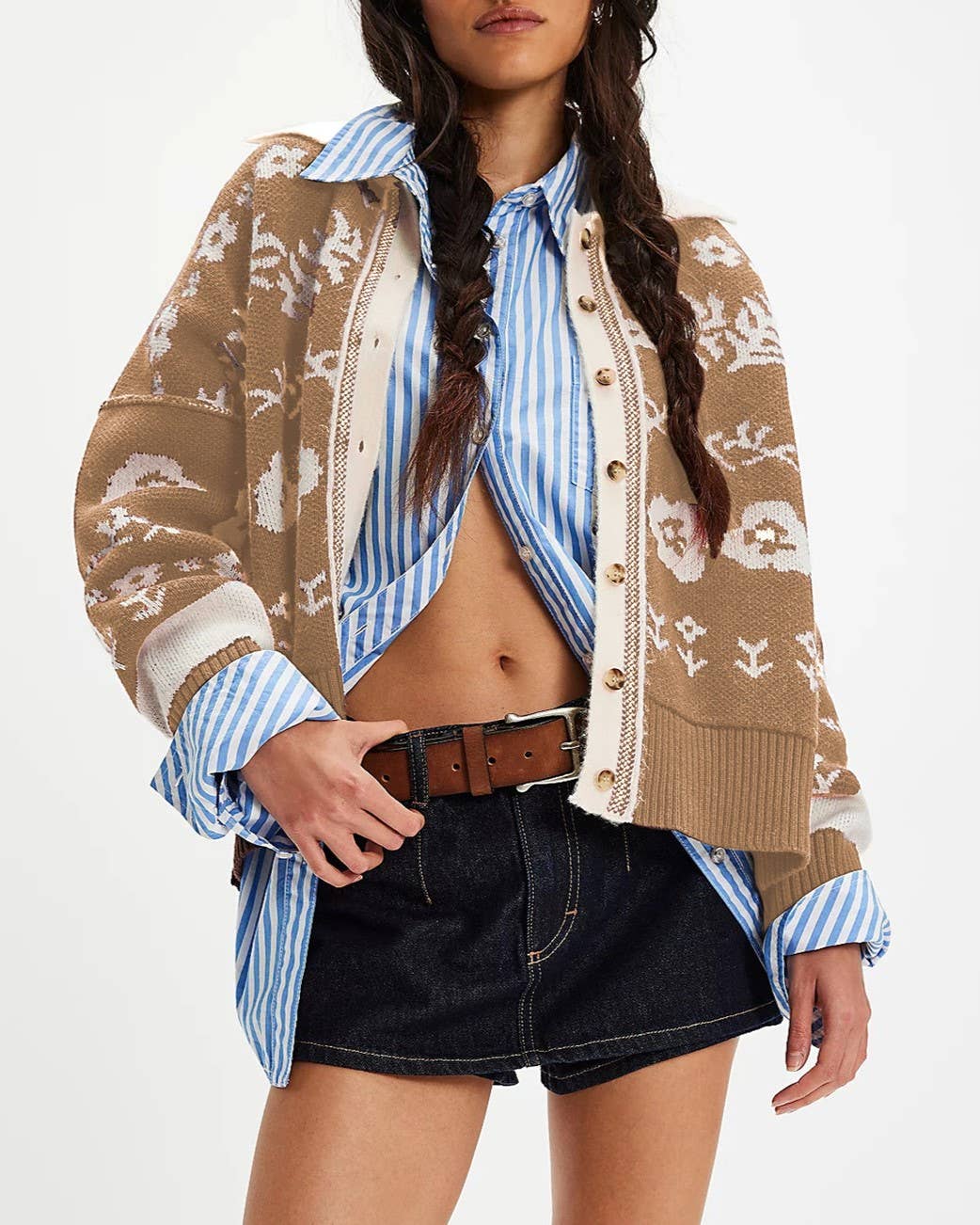 Floral Jacquard Contrast Trim Cardigan