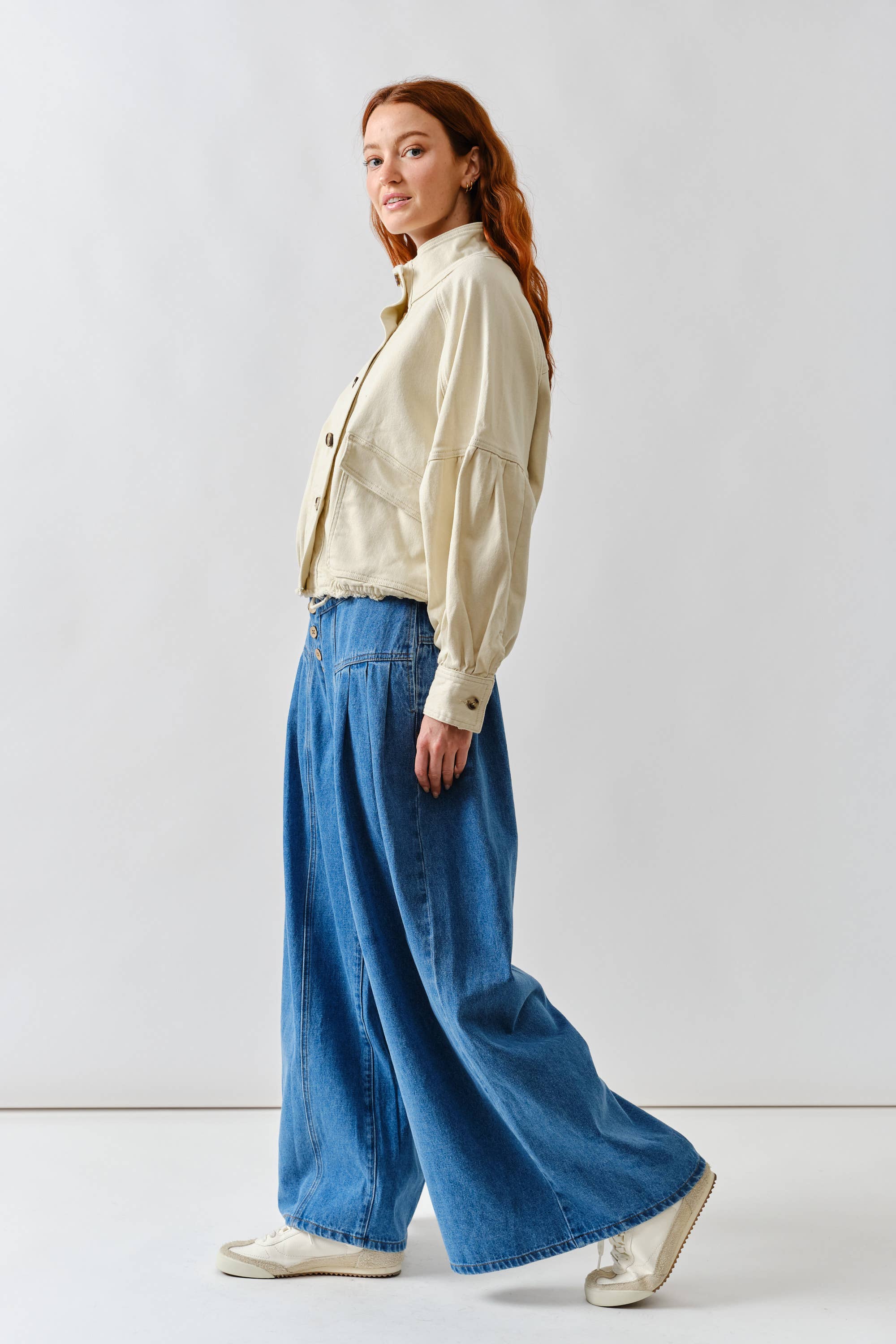 Ballon Sleeve Twill Jacket Drawstring Waist