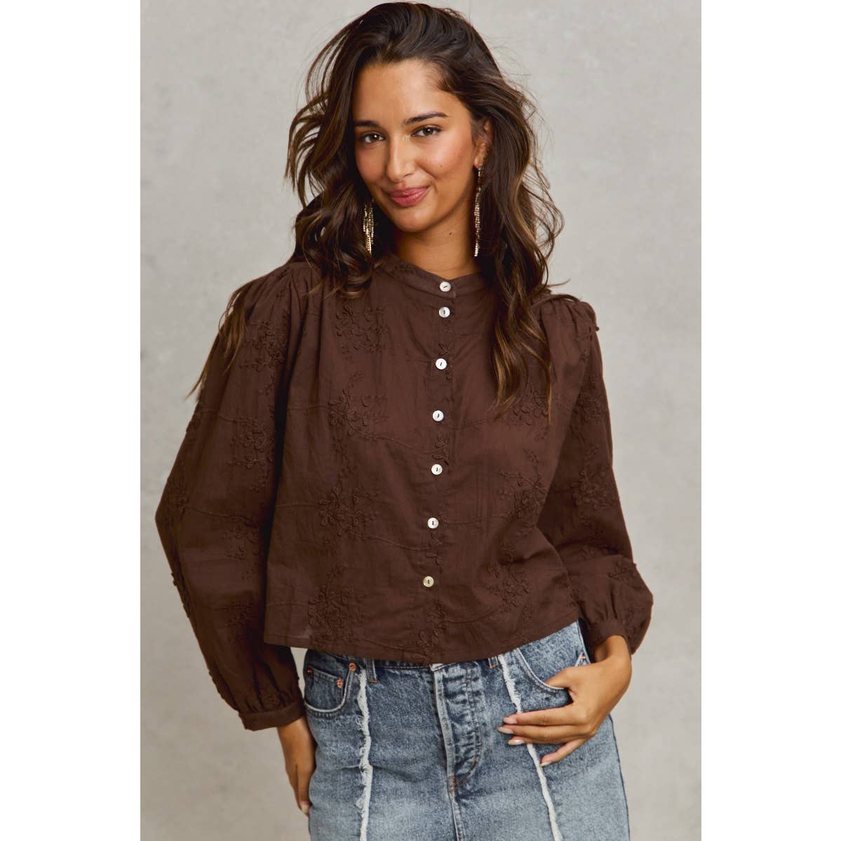 Cropped Floral Long Sleeve Button Front Shirt