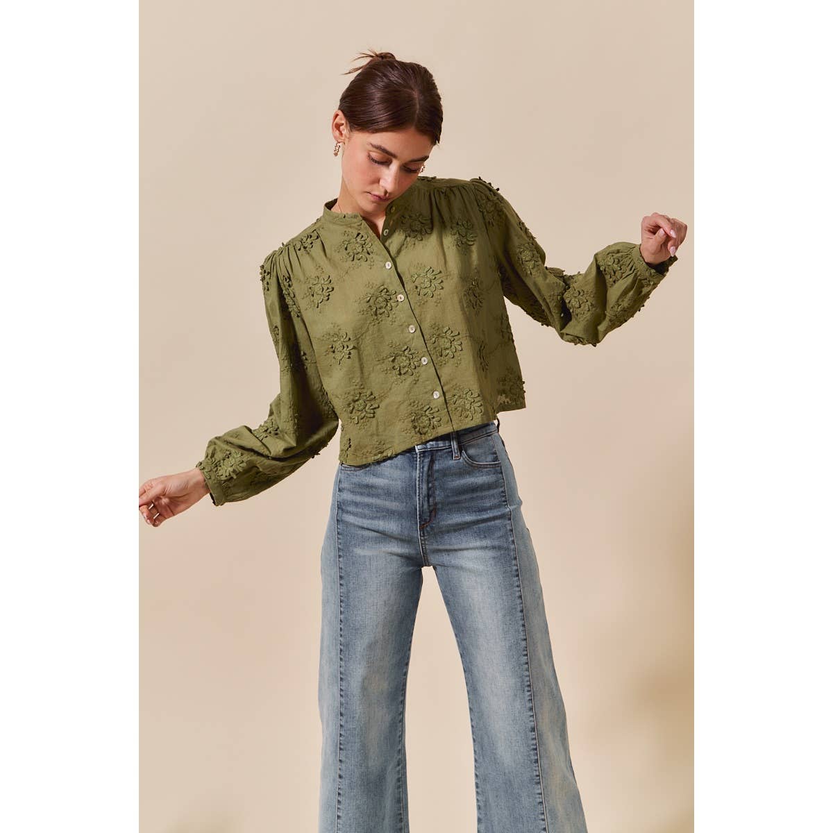 Cropped Floral Long Sleeve Button Front Shirt