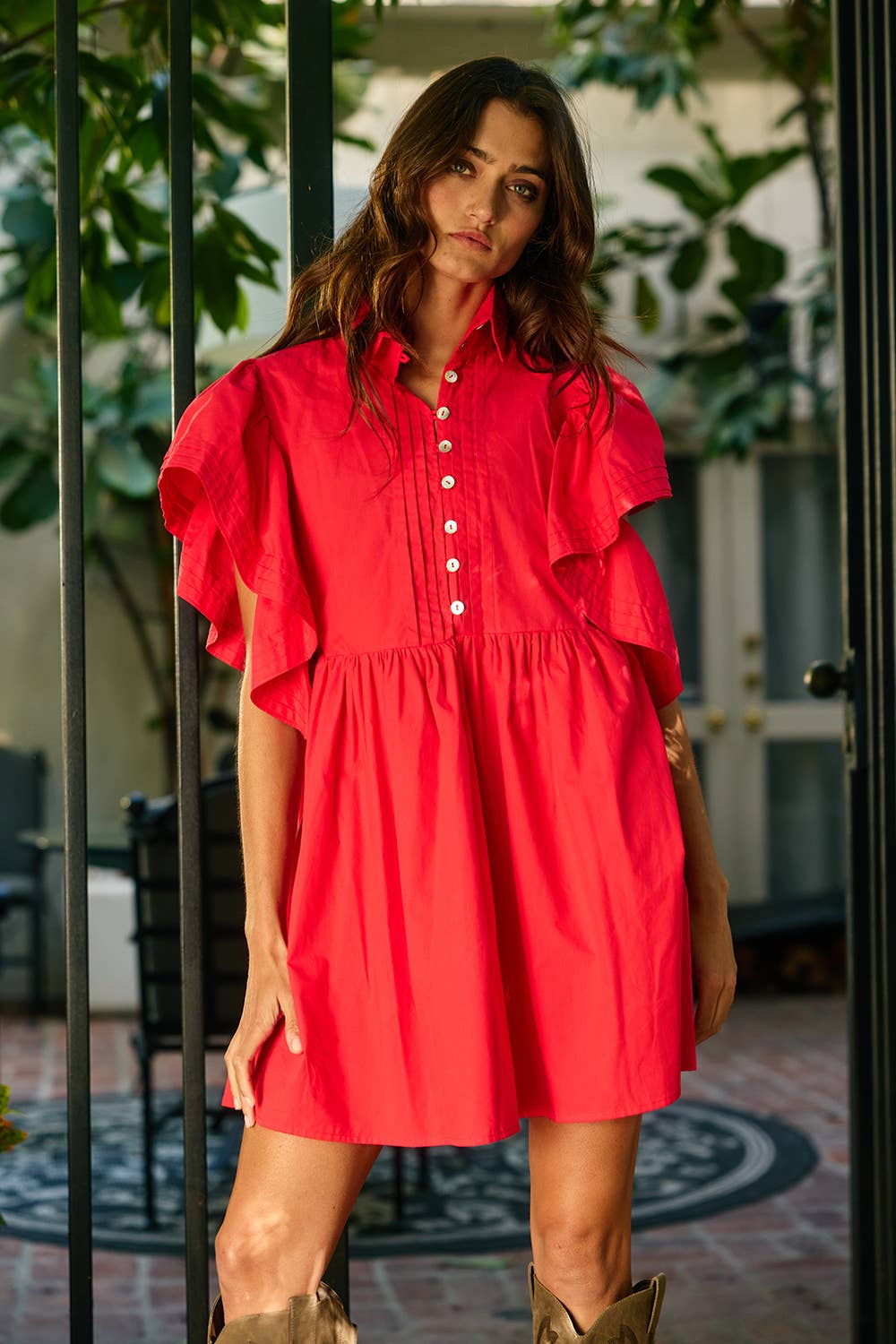 Ruffled Sleeve Pintuck Mini Dress