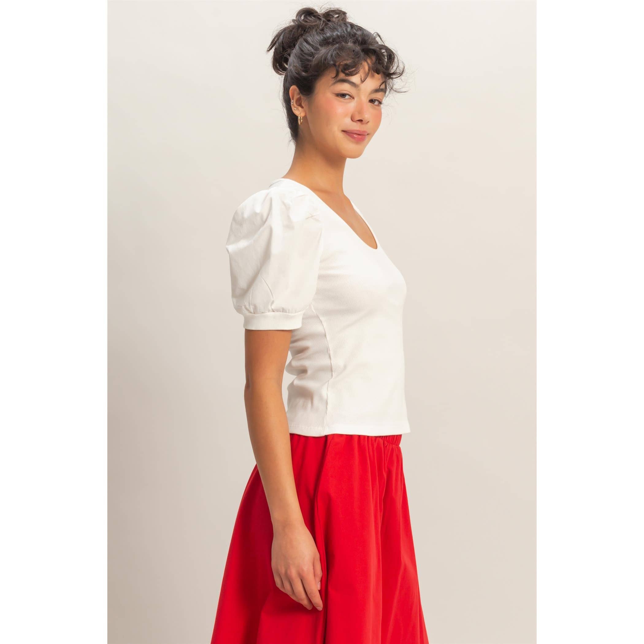 Ribbed Puff Sleeve Scoop Neck Top
