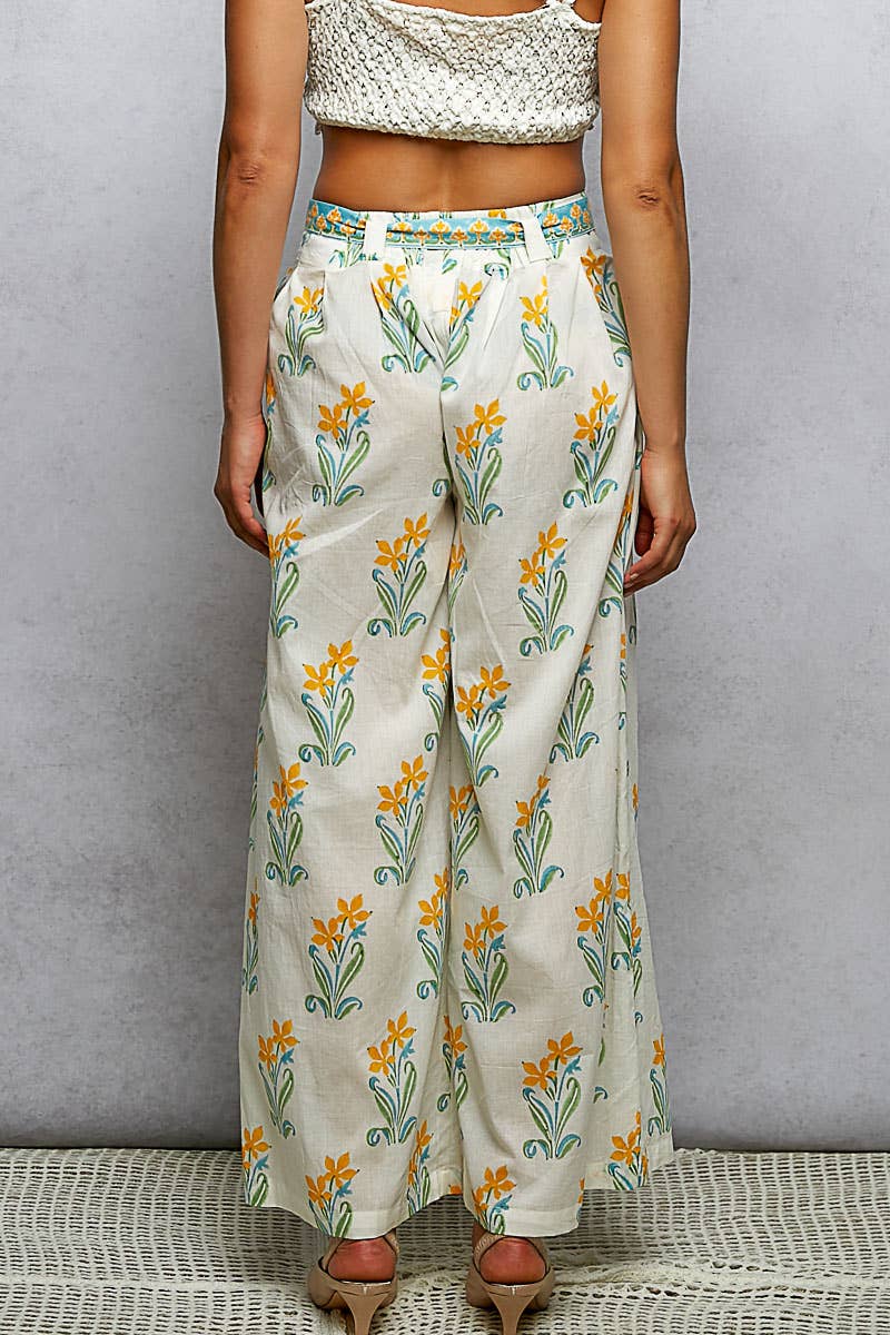 Block Print Belted Wide Pants