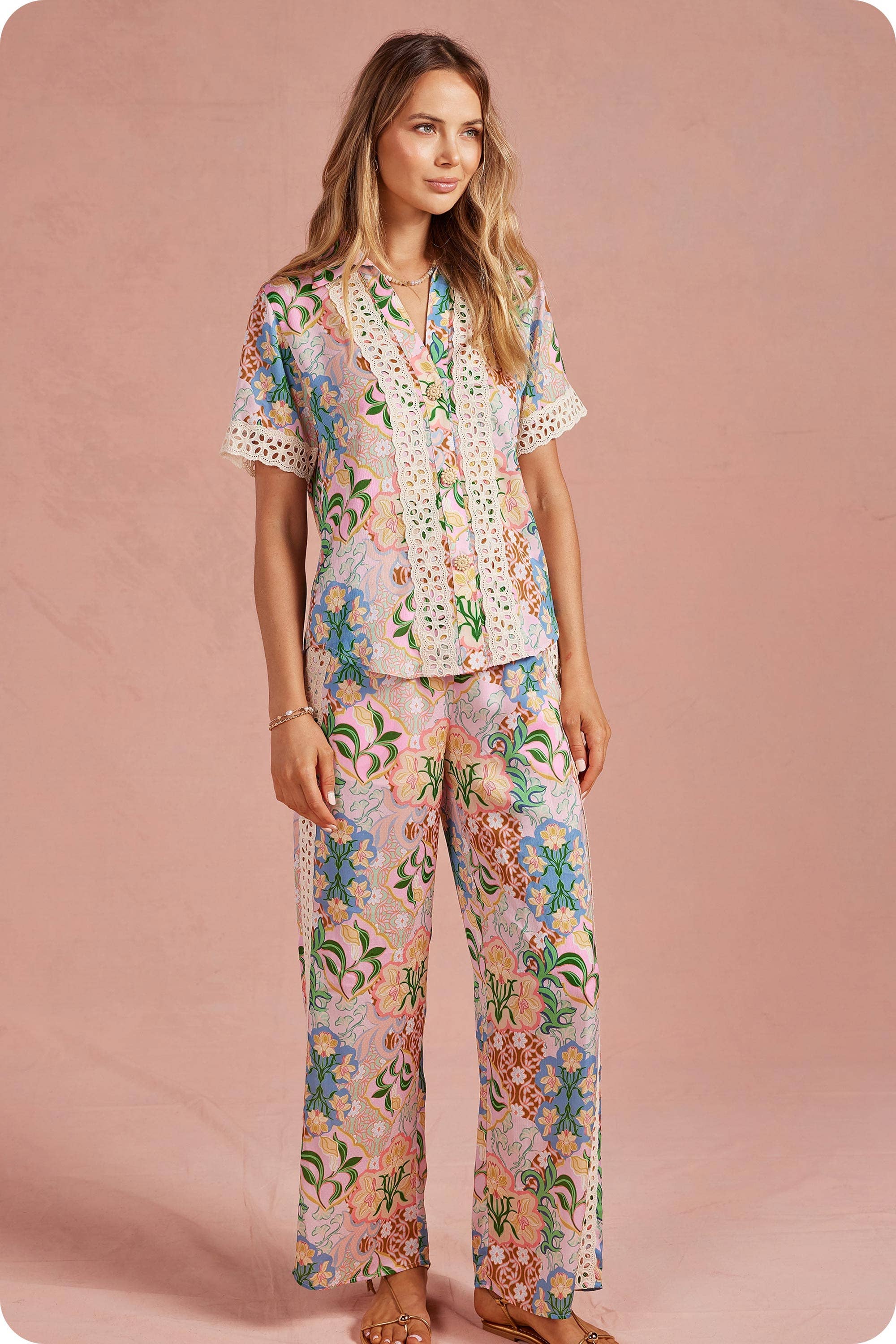 Garden Party Crochet Contrast Trim Satin Shirt