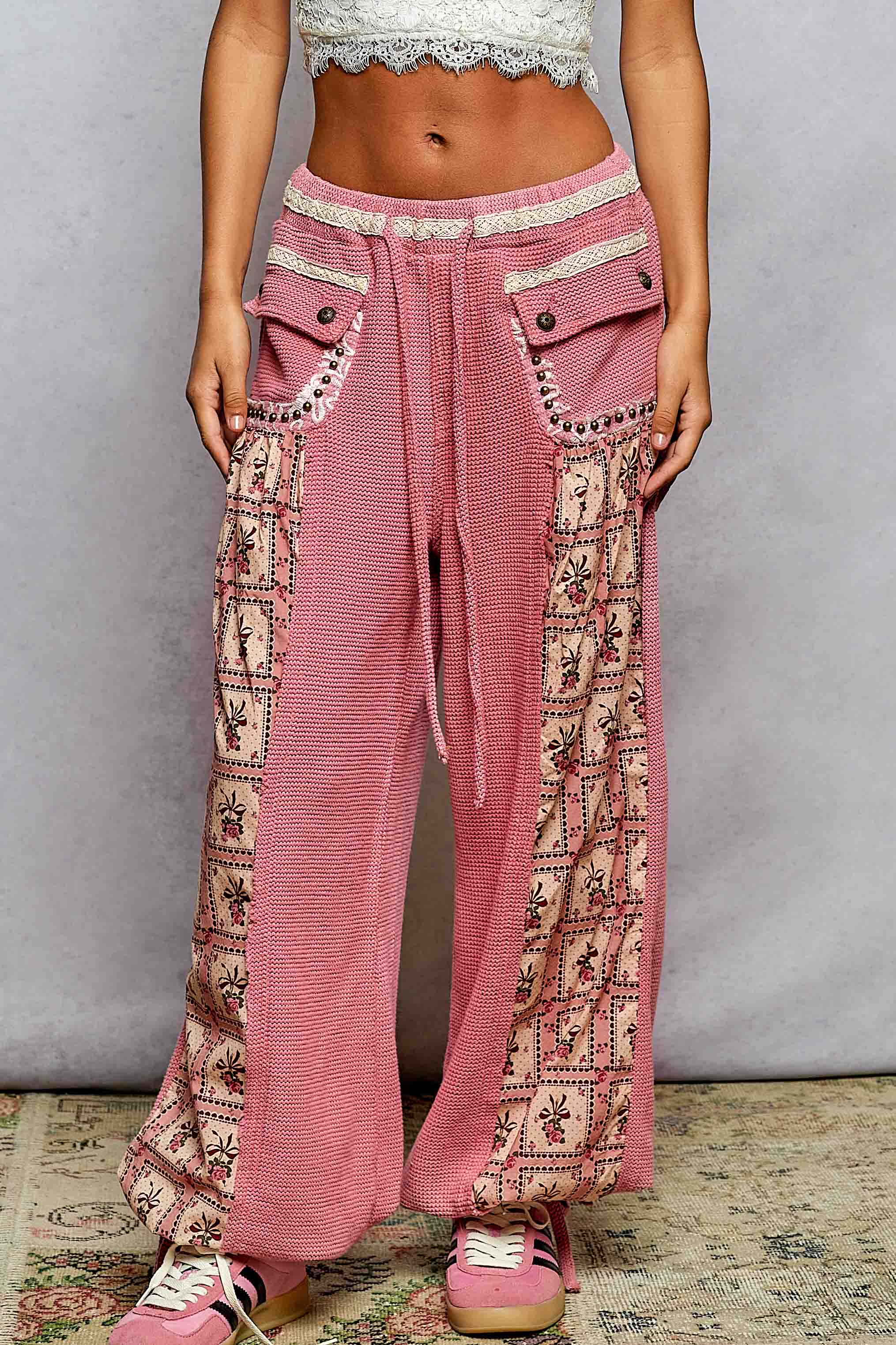 Pink Patchwork Drawstring Jogger Pant
