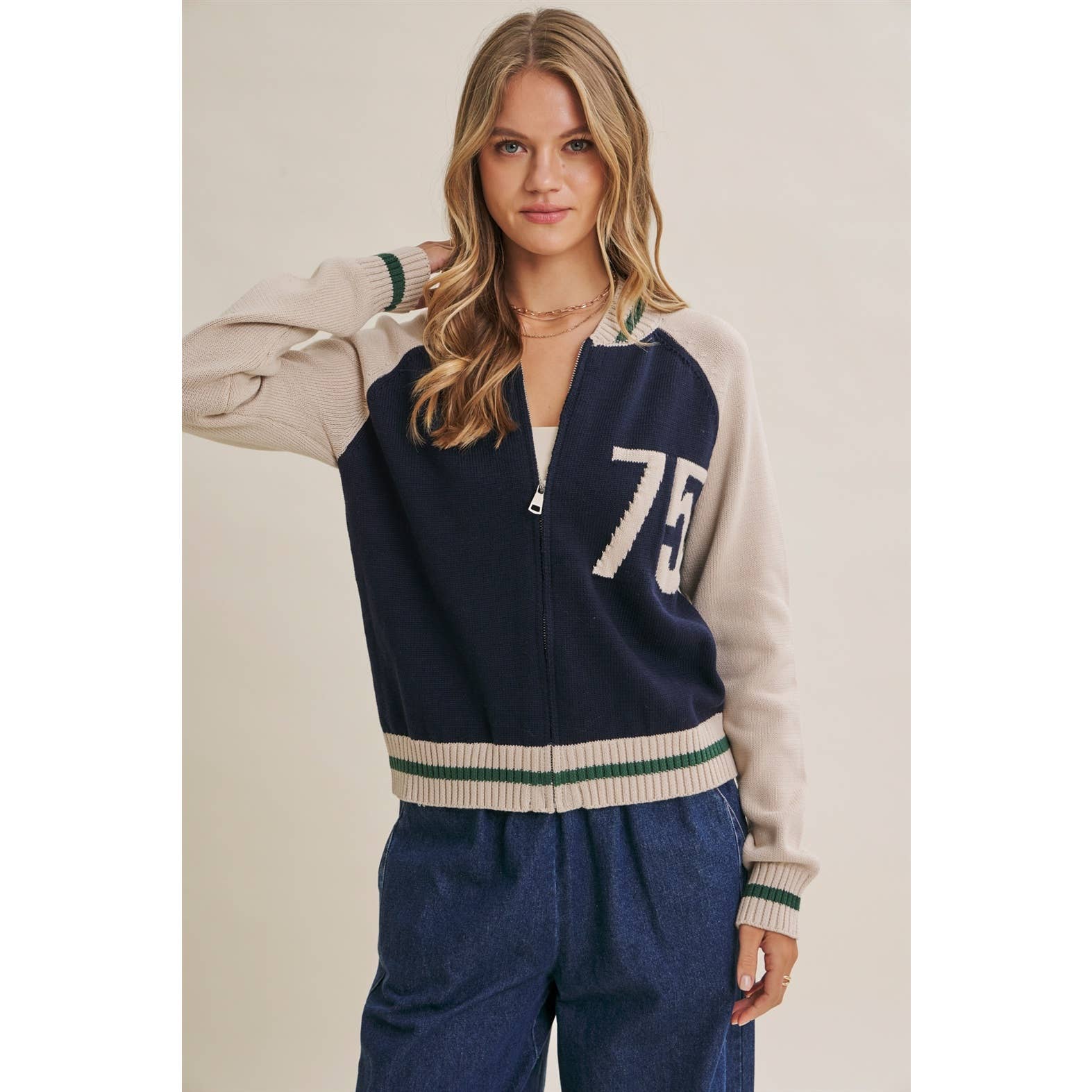 Varsity Collegiate Zip Front Cotton Sweater Bomber Jacket