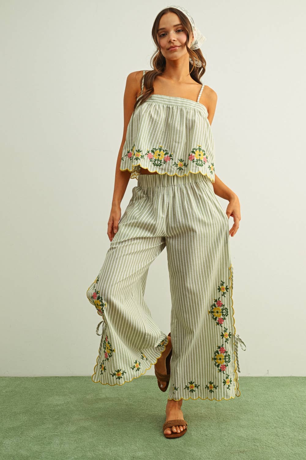 Green Stripe and Floral Embroidery Top