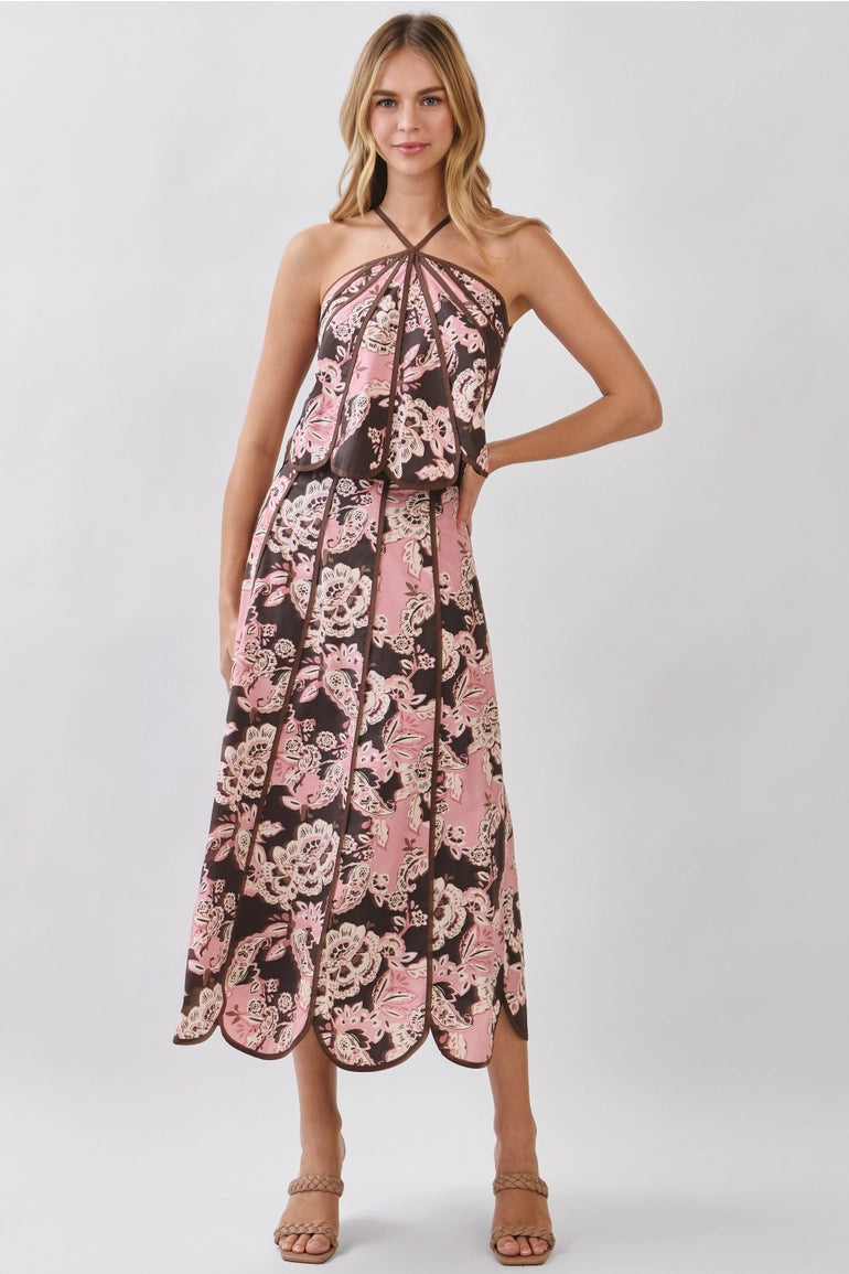 Floral Print Scalloped Hem Midi Skirt & Halter Top