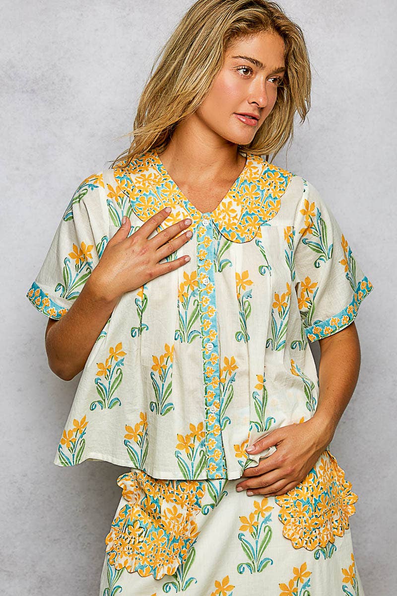 Block Print Short Sleeve Top With Collar