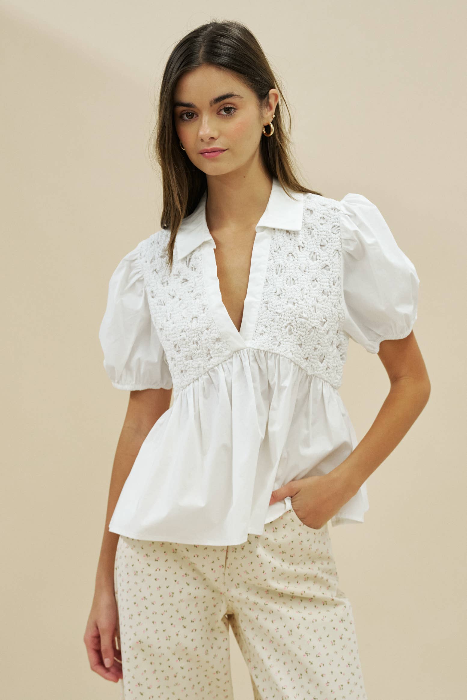 Textured Babydoll Top With Puff Sleeves