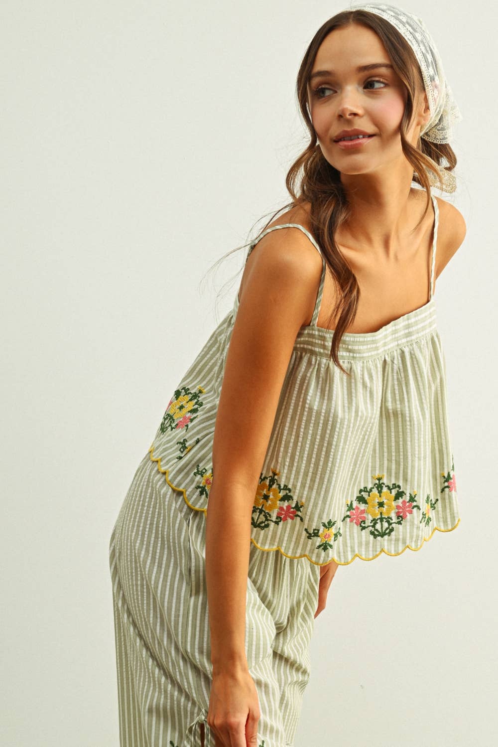 Green Stripe and Floral Embroidery Top