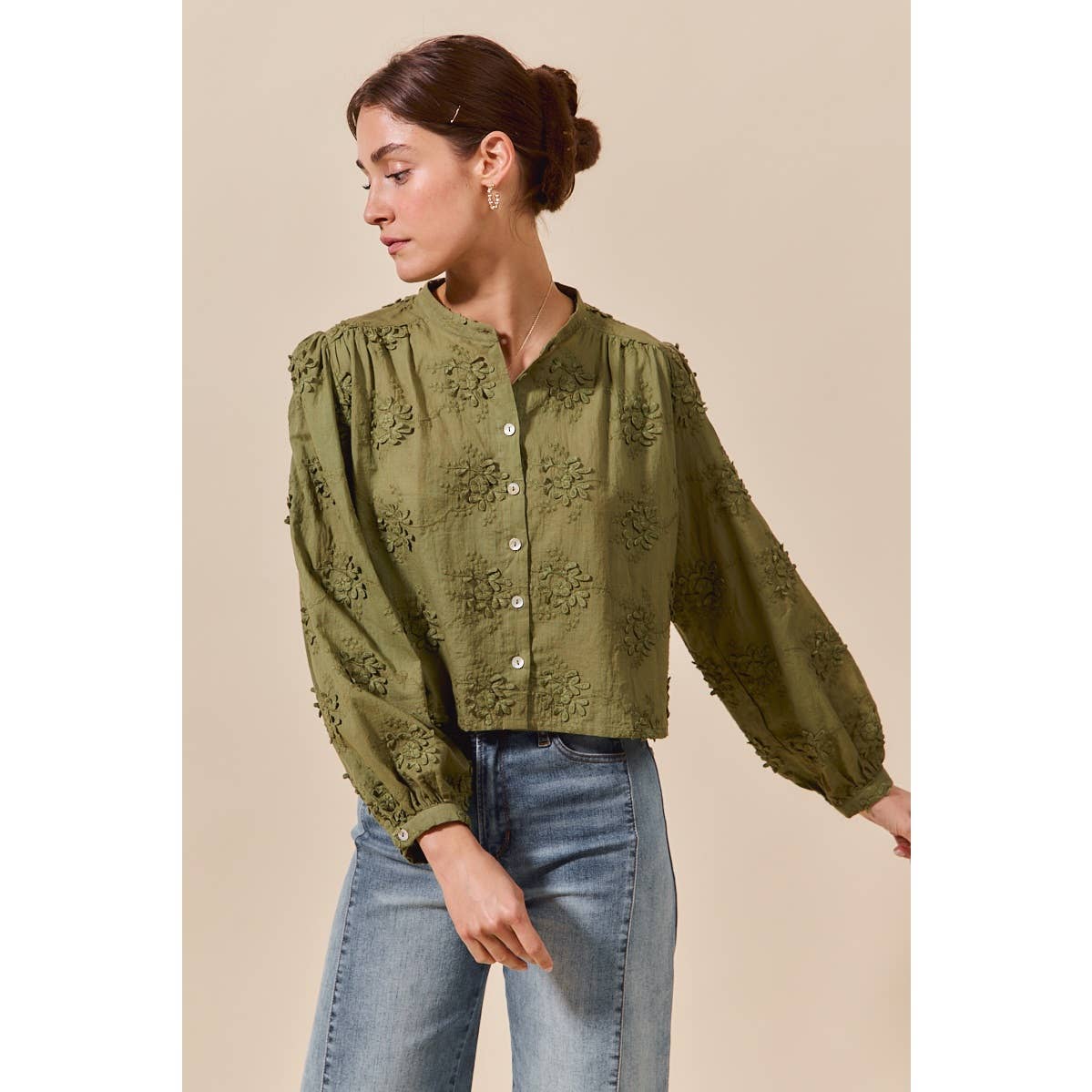 Cropped Floral Long Sleeve Button Front Shirt