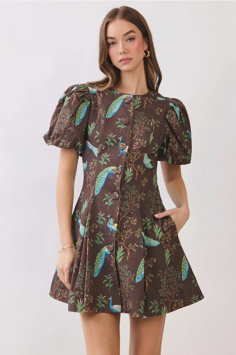 Peacock Print Button Down Mini Dress