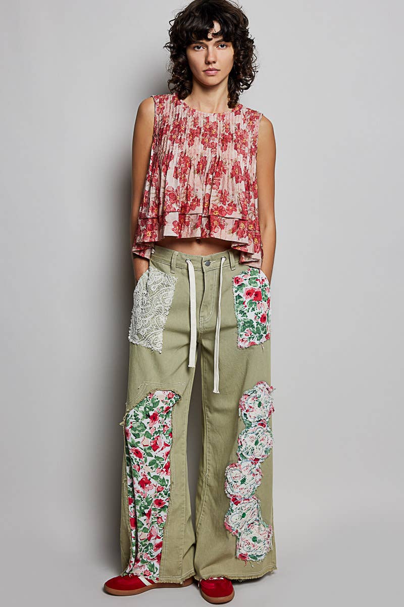 Relaxed Fit Floral Patch Denim Pants